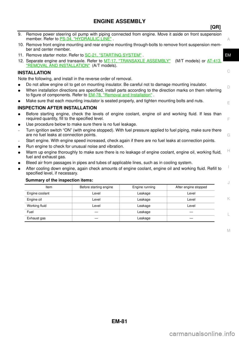 NISSAN X-TRAIL 2003  Service Repair Manual ENGINE ASSEMBLY
EM-81
[QR]
C
D
E
F
G
H
I
J
K
L
MA
EM
 
9. Remove power steering oil pump with piping connected from engine. Move it aside on front suspension
member. Refer to PS-34, "
HYDRAULIC LINE" 