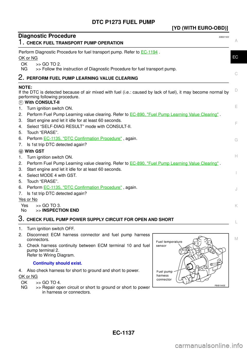 NISSAN X-TRAIL 2003  Service Repair Manual DTC P1273 FUEL PUMP
EC-1137
[YD (WITH EURO-OBD)]
C
D
E
F
G
H
I
J
K
L
MA
EC
 
Diagnostic ProcedureEBS011E0
1. CHECK FUEL TRANSPORT PUMP OPERATION
Perform Diagnostic Procedure for fuel transport pump. R