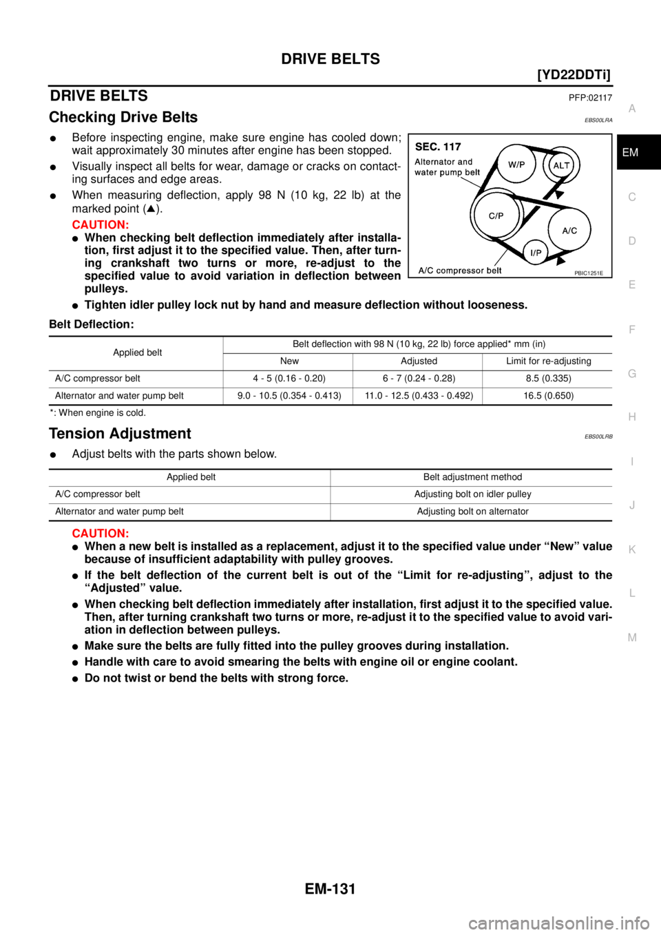 NISSAN X-TRAIL 2003  Service User Guide DRIVE BELTS
EM-131
[YD22DDTi]
C
D
E
F
G
H
I
J
K
L
MA
EM
 
DRIVE BELTSPFP:02117
Checking Drive BeltsEBS00LRA
Before inspecting engine, make sure engine has cooled down;
wait approximately 30 minutes a