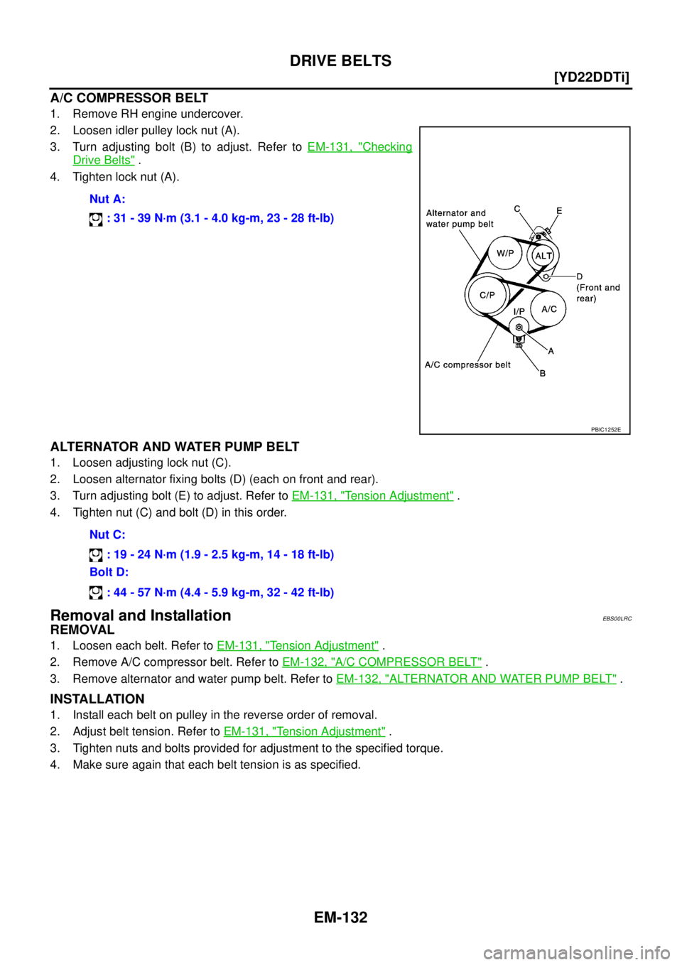 NISSAN X-TRAIL 2003  Service Repair Manual EM-132
[YD22DDTi]
DRIVE BELTS
 
A/C COMPRESSOR BELT
1. Remove RH engine undercover.
2. Loosen idler pulley lock nut (A).
3. Turn adjusting bolt (B) to adjust. Refer to EM-131, "
Checking
Drive Belts" 