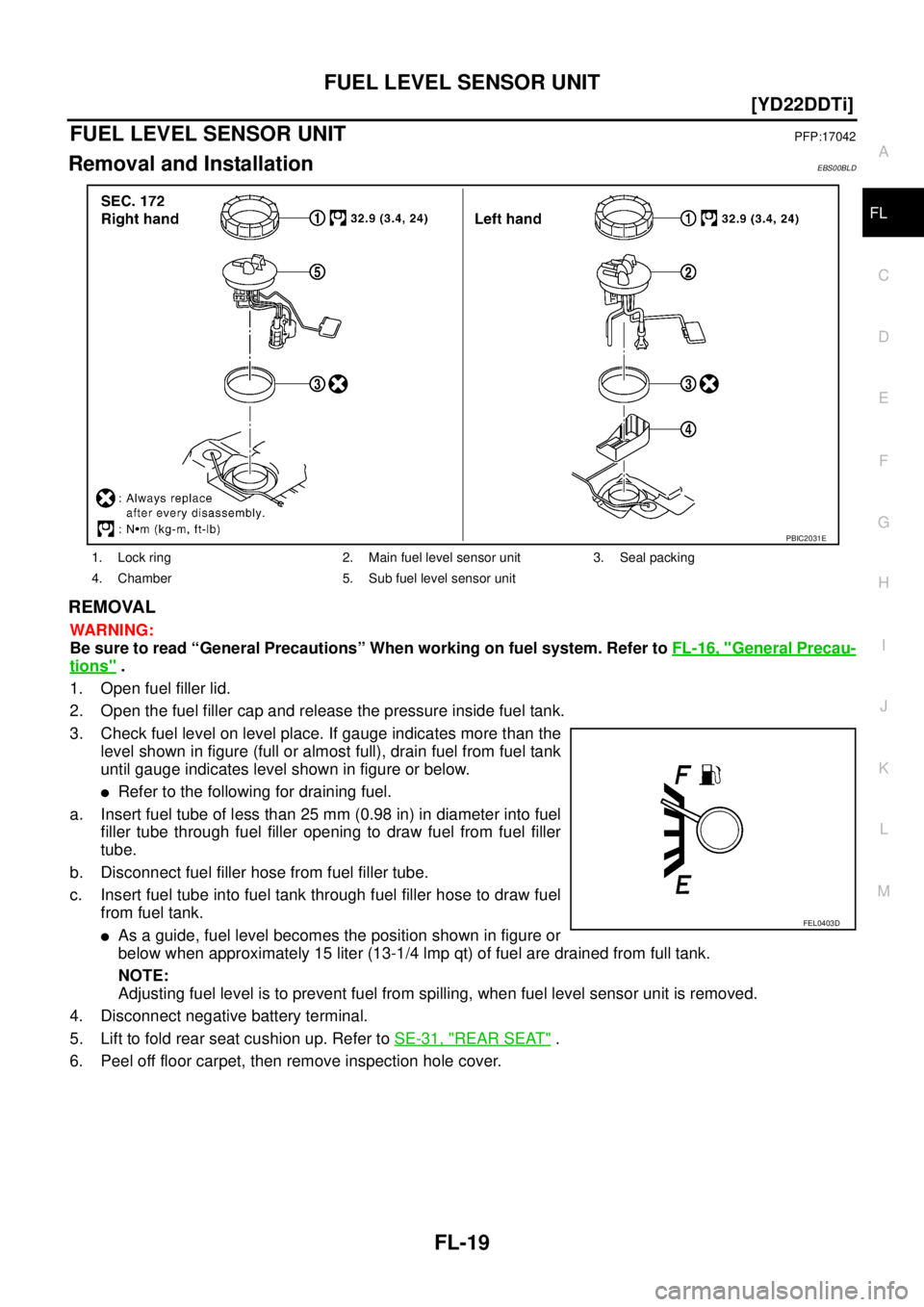 NISSAN X-TRAIL 2003  Service Repair Manual FUEL LEVEL SENSOR UNIT
FL-19
[YD22DDTi]
C
D
E
F
G
H
I
J
K
L
MA
FL
 
FUEL LEVEL SENSOR UNITPFP:17042
Removal and InstallationEBS00BLD
REMOVAL
WARNING:
Be sure to read “General Precautions” When wor