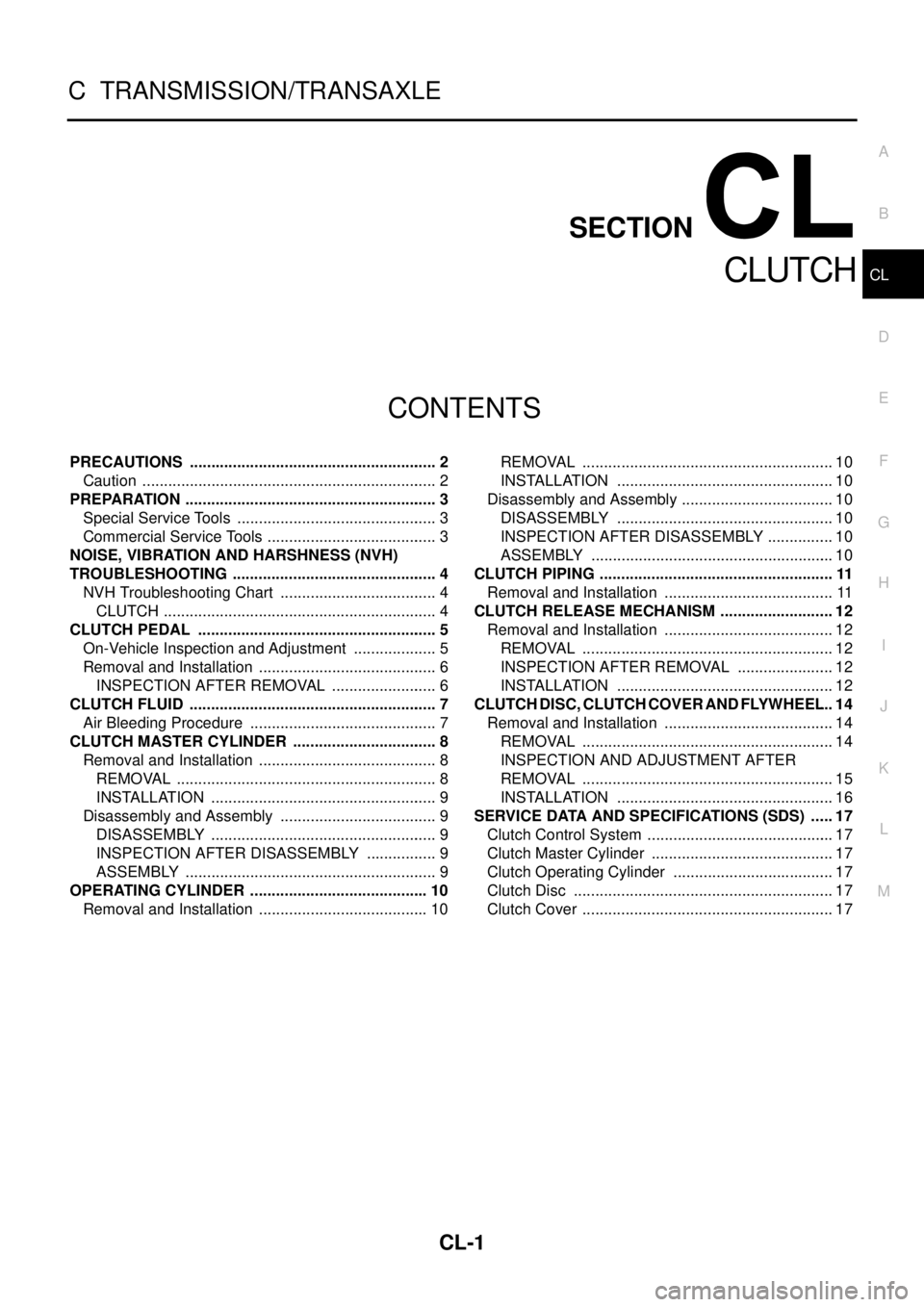 NISSAN X-TRAIL 2003  Service Owners Guide CL-1
CLUTCH
C  TRANSMISSION/TRANSAXLE
CONTENTS
D
E
F
G
H
I
J
K
L
M
SECTION 
A
B
CL
 
CLUTCH
PRECAUTIONS .......................................................... 2
Caution ...........................
