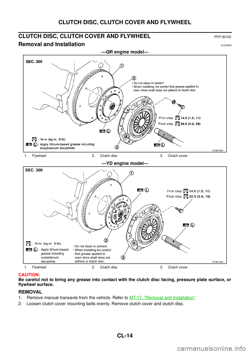 NISSAN X-TRAIL 2003  Service Repair Manual CL-14
CLUTCH DISC, CLUTCH COVER AND FLYWHEEL
 
CLUTCH DISC, CLUTCH COVER AND FLYWHEELPFP:30100
Removal and InstallationECS008BG
—QR engine model—
—YD engine model—
CAUTION:
Be careful not to b