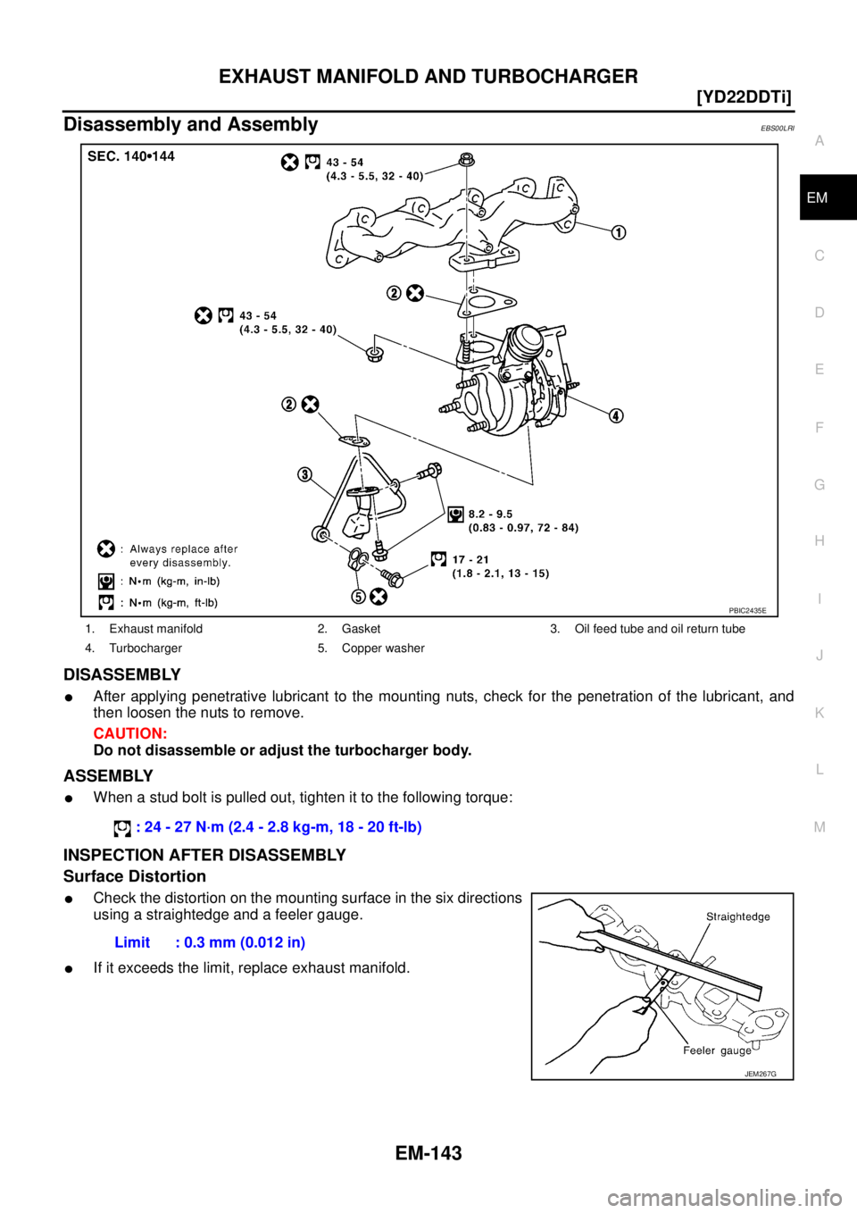 NISSAN X-TRAIL 2003  Service Repair Manual EXHAUST MANIFOLD AND TURBOCHARGER
EM-143
[YD22DDTi]
C
D
E
F
G
H
I
J
K
L
MA
EM
 
Disassembly and AssemblyEBS00LRI
DISASSEMBLY
After applying penetrative lubricant to the mounting nuts, check for the p