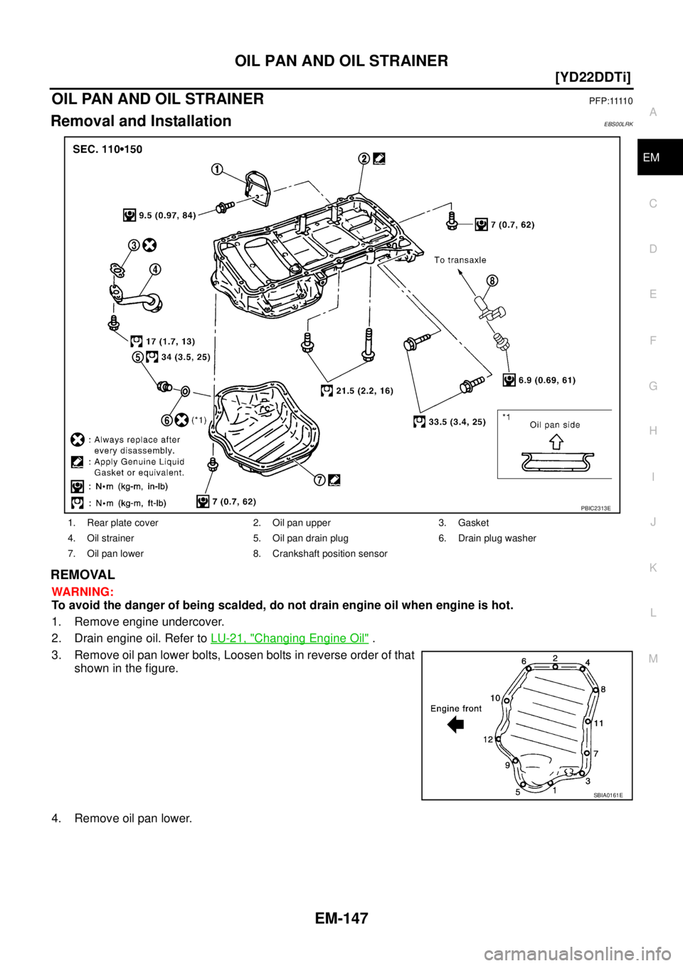 NISSAN X-TRAIL 2003  Service Repair Manual OIL PAN AND OIL STRAINER
EM-147
[YD22DDTi]
C
D
E
F
G
H
I
J
K
L
MA
EM
 
OIL PAN AND OIL STRAINERP F P : 1111 0
Removal and InstallationEBS00LRK
REMOVAL
WARNING:
To avoid the danger of being scalded, do