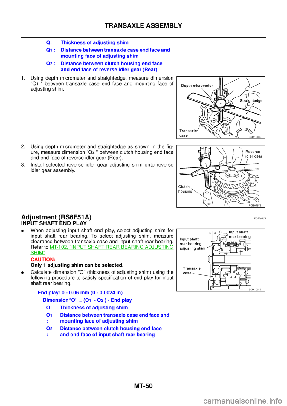 NISSAN X-TRAIL 2003  Service Repair Manual MT-50
TRANSAXLE ASSEMBLY
 
1. Using depth micrometer and straightedge, measure dimension
"Q
1 " between transaxle case end face and mounting face of
adjusting shim.
2. Using depth micrometer and strai