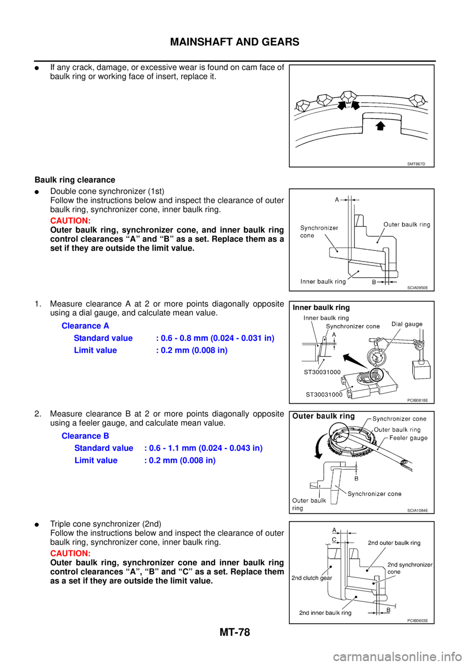 NISSAN X-TRAIL 2003  Service Repair Manual MT-78
MAINSHAFT AND GEARS
 
If any crack, damage, or excessive wear is found on cam face of
baulk ring or working face of insert, replace it.
Baulk ring clearance
Double cone synchronizer (1st)
Foll