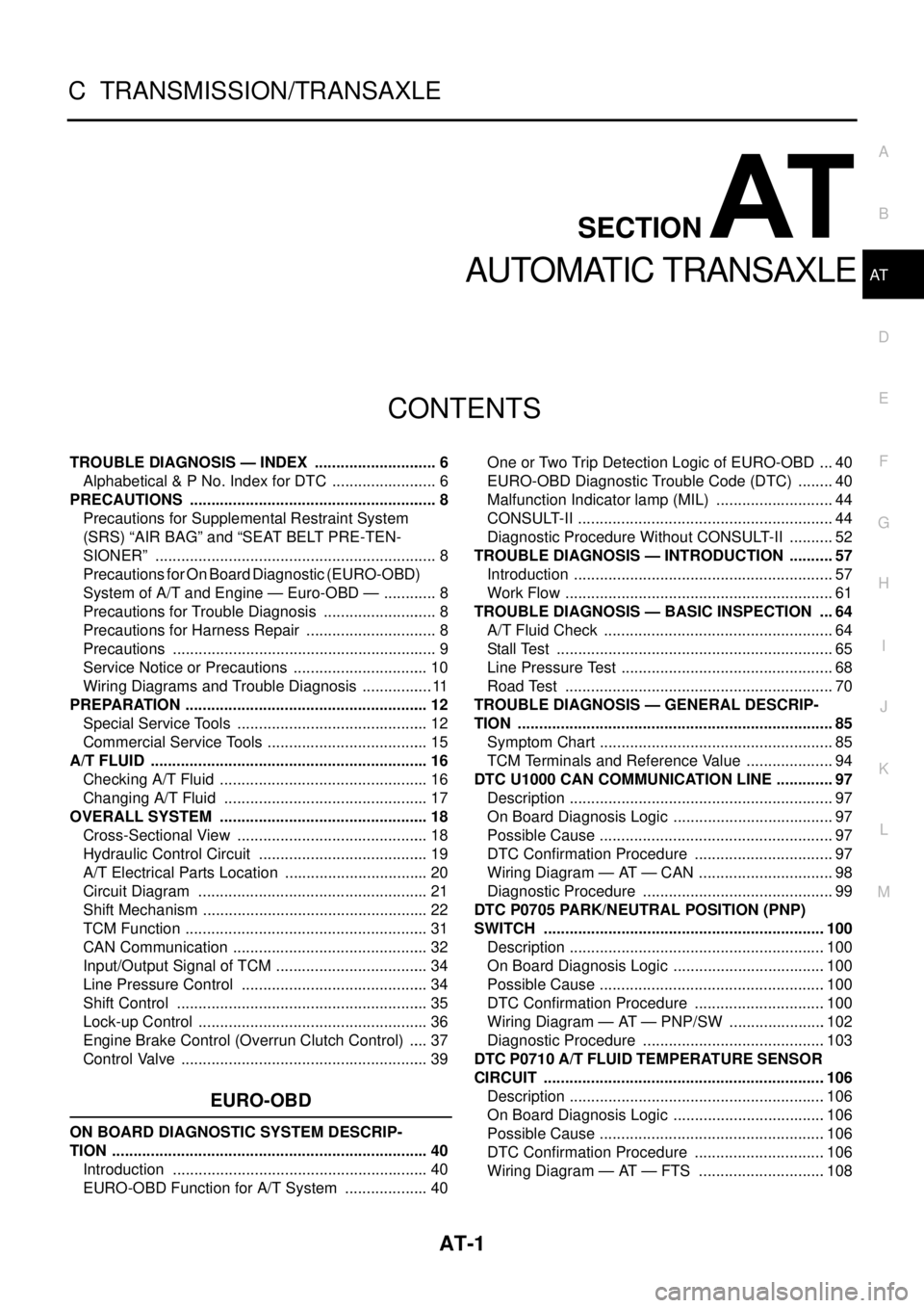 NISSAN X-TRAIL 2003  Service Service Manual AT-1
AUTOMATIC TRANSAXLE
C  TRANSMISSION/TRANSAXLE
CONTENTS
D
E
F
G
H
I
J
K
L
M
SECTION 
A
B
AT
 
AUTOMATIC TRANSAXLE
TROUBLE DIAGNOSIS — INDEX  ............................. 6
Alphabetical & P No. 