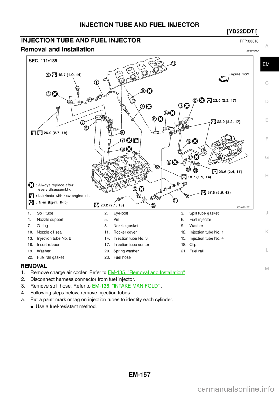 NISSAN X-TRAIL 2003  Service Repair Manual INJECTION TUBE AND FUEL INJECTOR
EM-157
[YD22DDTi]
C
D
E
F
G
H
I
J
K
L
MA
EM
 
INJECTION TUBE AND FUEL INJECTORPFP:00018
Removal and InstallationEBS00LRO
REMOVAL
1. Remove charge air cooler. Refer to 