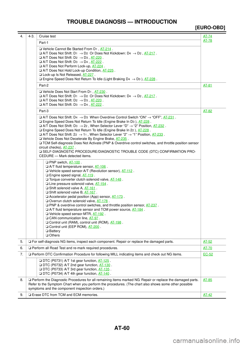NISSAN X-TRAIL 2003  Service Owners Guide AT-60
[EURO-OBD]
TROUBLE DIAGNOSIS — INTRODUCTION
 
4. 4-3. Cruise testAT- 7 4
AT- 7 8Part-1
❏ Vehicle Cannot Be Started From D
1 , AT-214 .
❏ A/T Does Not Shift: D
1  → D2  Or Does Not Kickdo