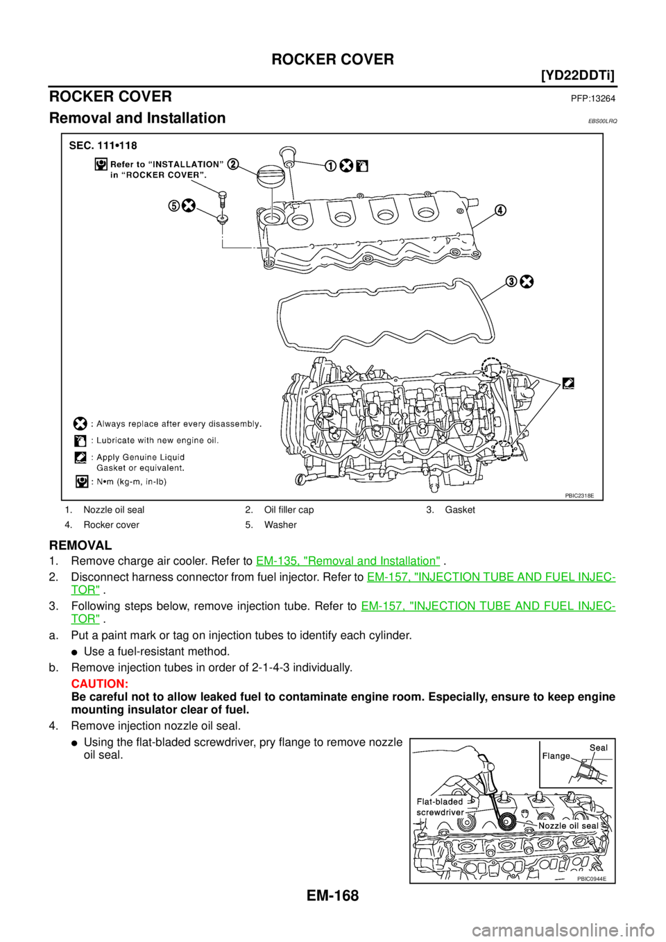 NISSAN X-TRAIL 2003  Service Repair Manual EM-168
[YD22DDTi]
ROCKER COVER
 
ROCKER COVERPFP:13264
Removal and InstallationEBS00LRQ
REMOVAL
1. Remove charge air cooler. Refer to EM-135, "Removal and Installation" .
2. Disconnect harness connect