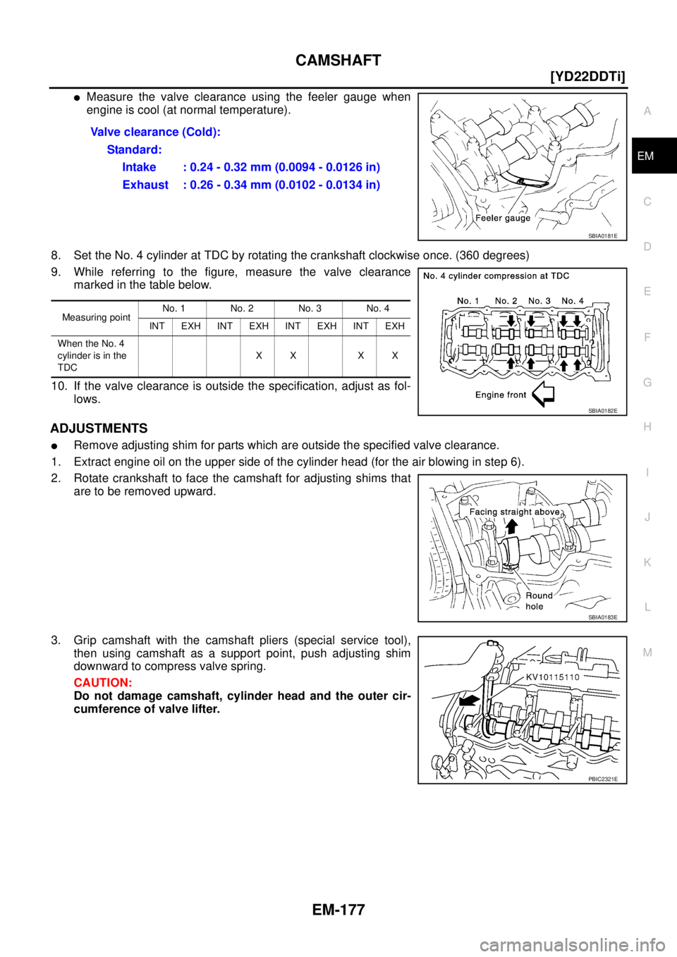 NISSAN X-TRAIL 2003  Service Repair Manual CAMSHAFT
EM-177
[YD22DDTi]
C
D
E
F
G
H
I
J
K
L
MA
EM
 
Measure the valve clearance using the feeler gauge when
engine is cool (at normal temperature).
8. Set the No. 4 cylinder at TDC by rotating the
