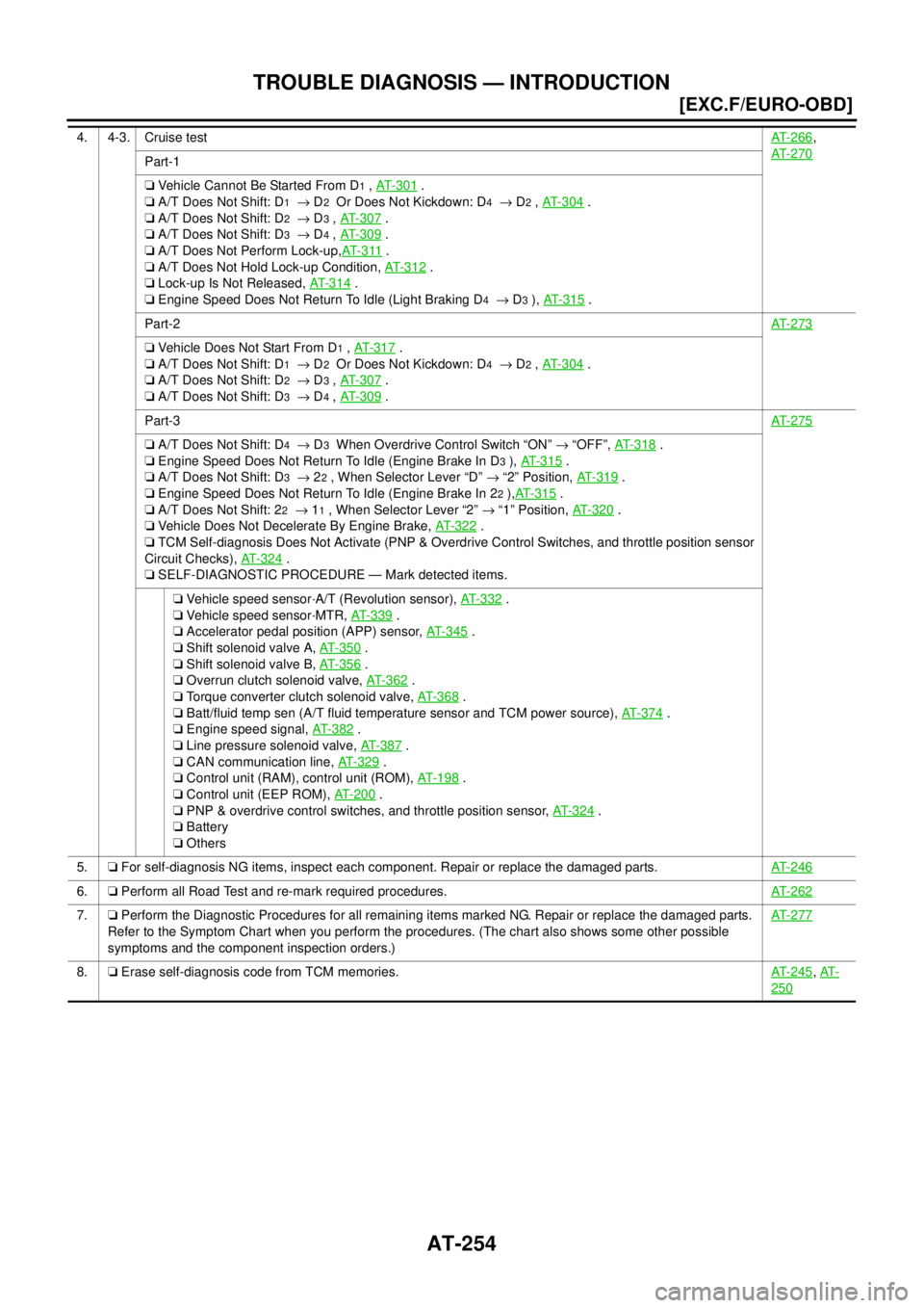 NISSAN X-TRAIL 2003  Service Owners Guide AT-254
[EXC.F/EURO-OBD]
TROUBLE DIAGNOSIS — INTRODUCTION
 
4. 4-3. Cruise testAT-266,
AT-270
Part-1
❏ Vehicle Cannot Be Started From D
1 , AT- 3 0 1 .
❏ A/T Does Not Shift: D
1  → D2  Or Does 