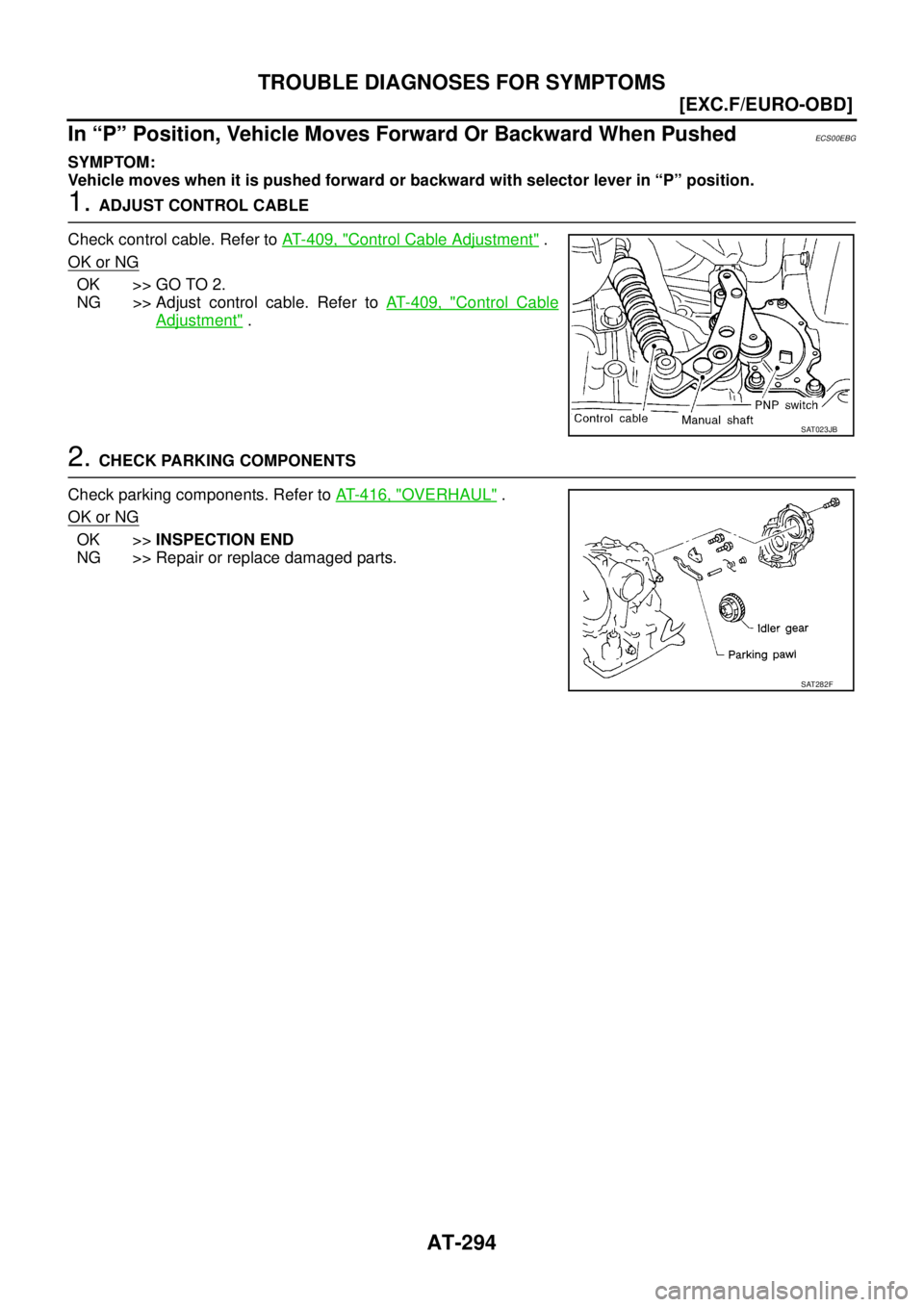 NISSAN X-TRAIL 2003  Service Repair Manual AT-294
[EXC.F/EURO-OBD]
TROUBLE DIAGNOSES FOR SYMPTOMS
 
In “P” Position, Vehicle Moves Forward Or Backward When PushedECS00EBG
SYMPTOM:
Vehicle moves when it is pushed forward or backward with se