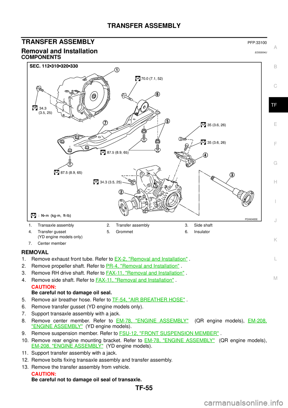 NISSAN X-TRAIL 2003  Service Repair Manual TRANSFER ASSEMBLY
TF-55
C
E
F
G
H
I
J
K
L
MA
B
TF
 
TRANSFER ASSEMBLYPFP:33100
Removal and InstallationEDS0004U
COMPONENTS
REMOVAL
1. Remove exhaust front tube. Refer to EX-2, "Removal and Installatio