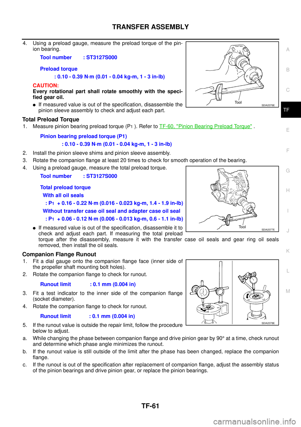 NISSAN X-TRAIL 2003  Service Owners Manual TRANSFER ASSEMBLY
TF-61
C
E
F
G
H
I
J
K
L
MA
B
TF
 
4. Using a preload gauge, measure the preload torque of the pin-
ion bearing.
CAUTION:
Every rotational part shall rotate smoothly with the speci-
f