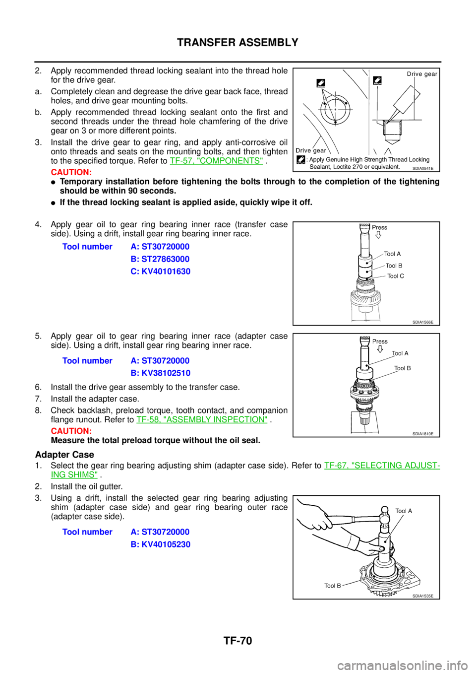 NISSAN X-TRAIL 2003  Service Repair Manual TF-70
TRANSFER ASSEMBLY
 
2. Apply recommended thread locking sealant into the thread hole
for the drive gear.
a. Completely clean and degrease the drive gear back face, thread
holes, and drive gear m