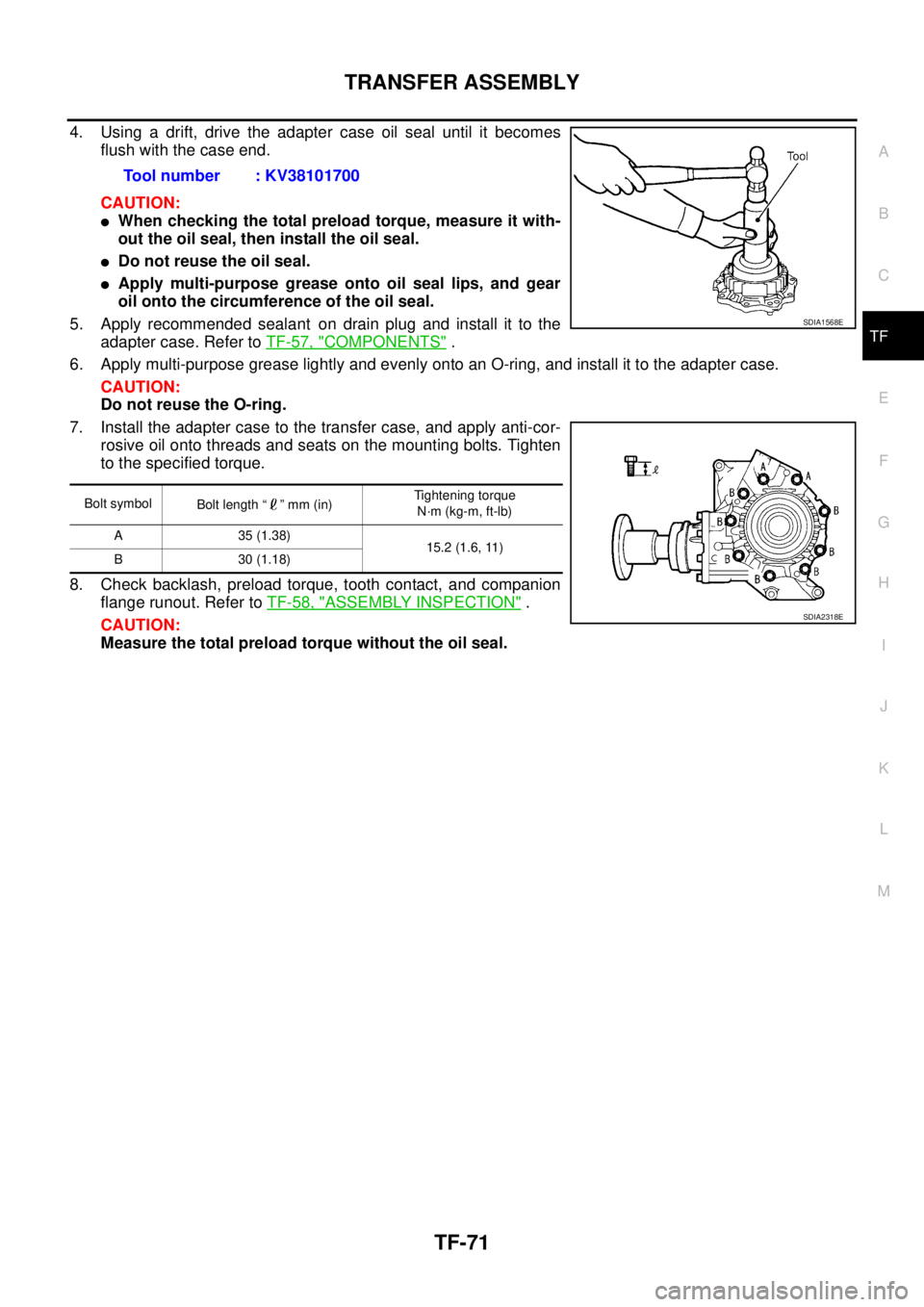 NISSAN X-TRAIL 2003  Service Repair Manual TRANSFER ASSEMBLY
TF-71
C
E
F
G
H
I
J
K
L
MA
B
TF
 
4. Using a drift, drive the adapter case oil seal until it becomes
flush with the case end.
CAUTION:
When checking the total preload torque, measur