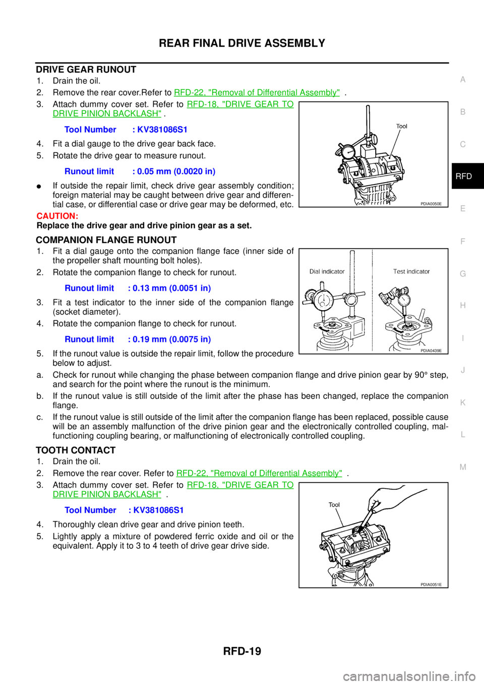 NISSAN X-TRAIL 2003  Service Owners Manual REAR FINAL DRIVE ASSEMBLY
RFD-19
C
E
F
G
H
I
J
K
L
MA
B
RFD
 
DRIVE GEAR RUNOUT
1. Drain the oil.
2. Remove the rear cover.Refer to RFD-22, "
Removal of Differential Assembly"  .
3. Attach dummy cover