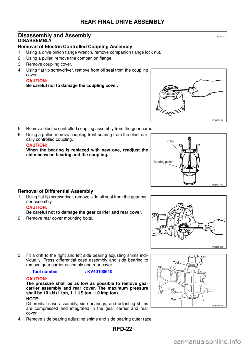 NISSAN X-TRAIL 2003  Service Repair Manual RFD-22
REAR FINAL DRIVE ASSEMBLY
 
Disassembly and AssemblyEDS001ZD
DISASSEMBLY
Removal of Electric Controlled Coupling Assembly
1. Using a drive pinion flange wrench, remove companion flange lock nut