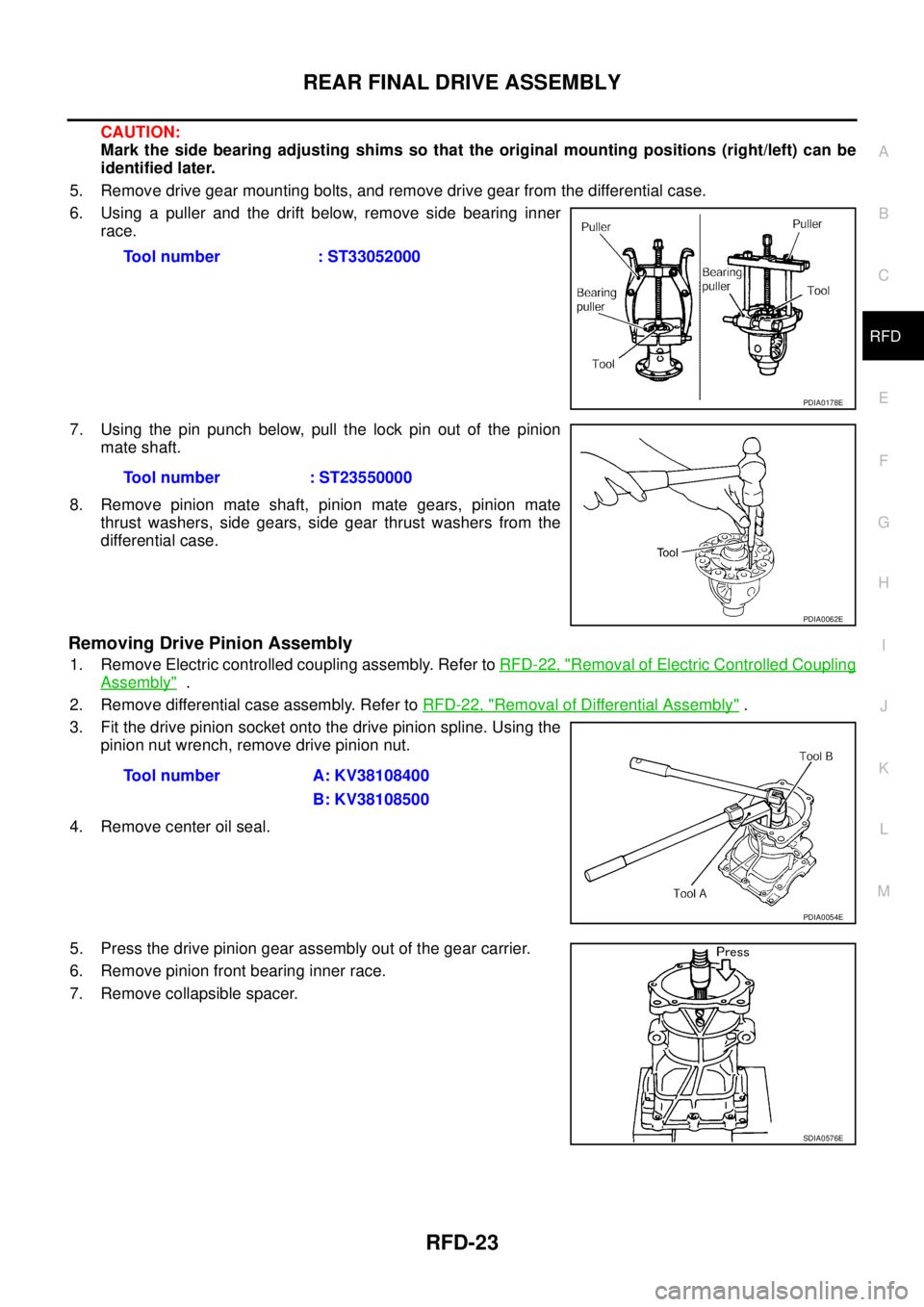 NISSAN X-TRAIL 2003  Service Repair Manual REAR FINAL DRIVE ASSEMBLY
RFD-23
C
E
F
G
H
I
J
K
L
MA
B
RFD
 
CAUTION:
Mark the side bearing adjusting shims so that the original mounting positions (right/left) can be
identified later.
5. Remove dri