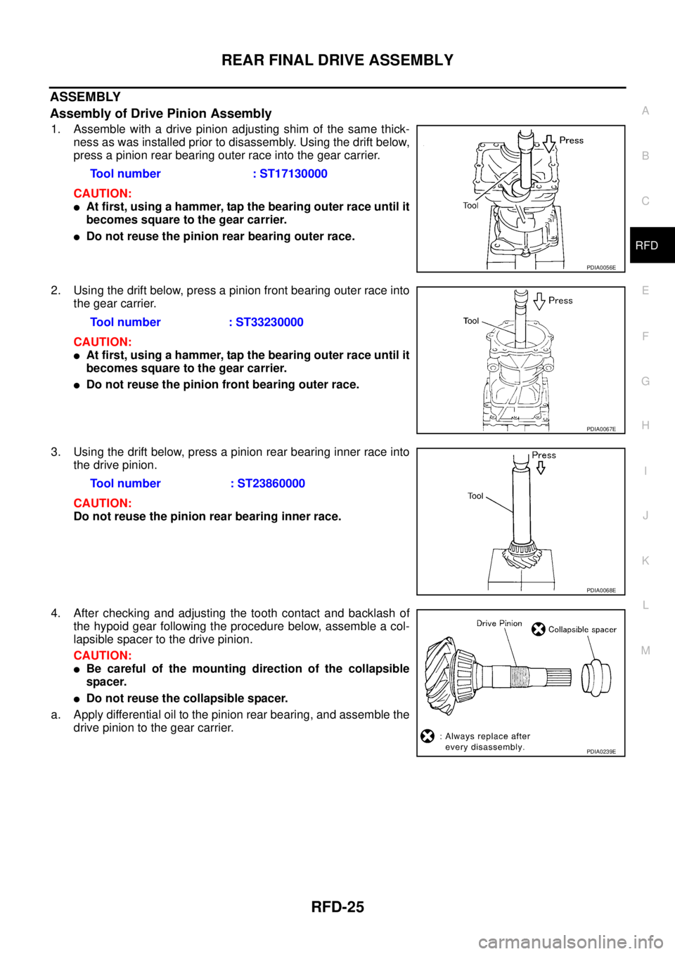 NISSAN X-TRAIL 2003  Service Repair Manual REAR FINAL DRIVE ASSEMBLY
RFD-25
C
E
F
G
H
I
J
K
L
MA
B
RFD
 
ASSEMBLY
Assembly of Drive Pinion Assembly
1. Assemble with a drive pinion adjusting shim of the same thick-
ness as was installed prior t