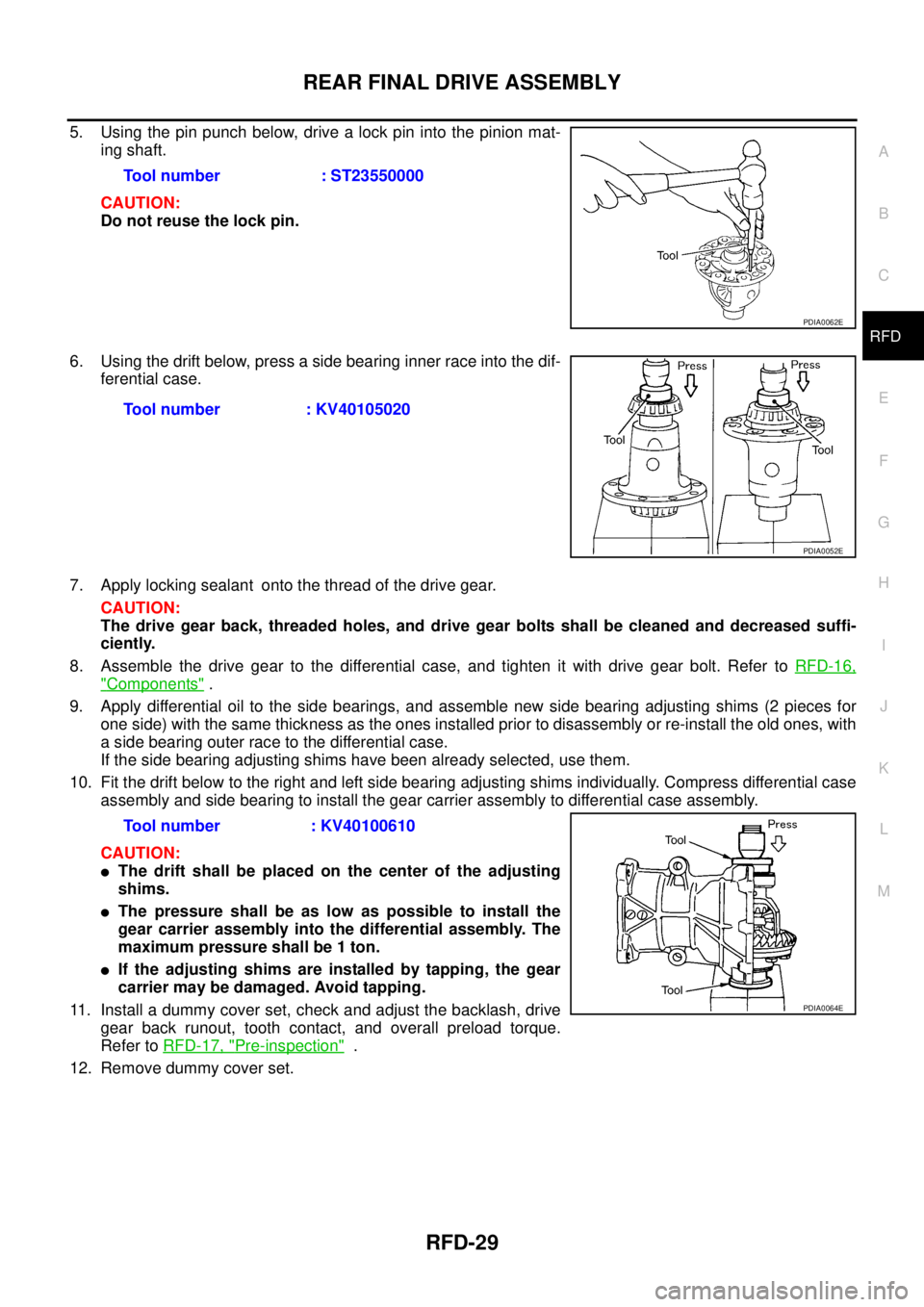 NISSAN X-TRAIL 2003  Service Repair Manual REAR FINAL DRIVE ASSEMBLY
RFD-29
C
E
F
G
H
I
J
K
L
MA
B
RFD
 
5. Using the pin punch below, drive a lock pin into the pinion mat-
ing shaft.
CAUTION:
Do not reuse the lock pin.
6. Using the drift belo