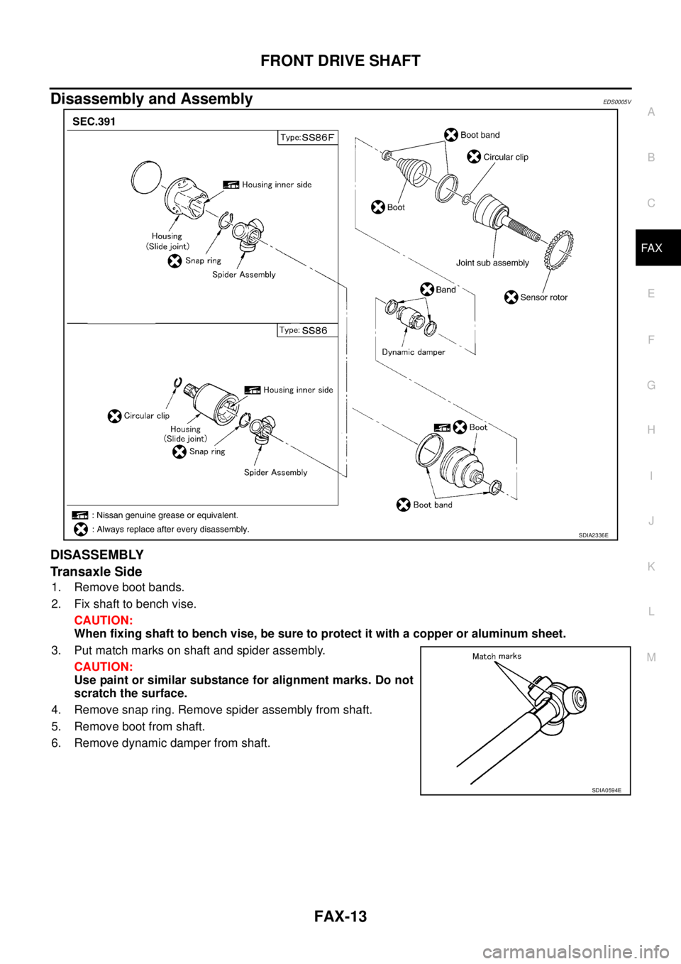 NISSAN X-TRAIL 2003  Service Repair Manual FRONT DRIVE SHAFT
FAX-13
C
E
F
G
H
I
J
K
L
MA
B
FA X
 
Disassembly and AssemblyEDS0005V
DISASSEMBLY
Transaxle Side
1. Remove boot bands.
2. Fix shaft to bench vise.
CAUTION:
When fixing shaft to bench