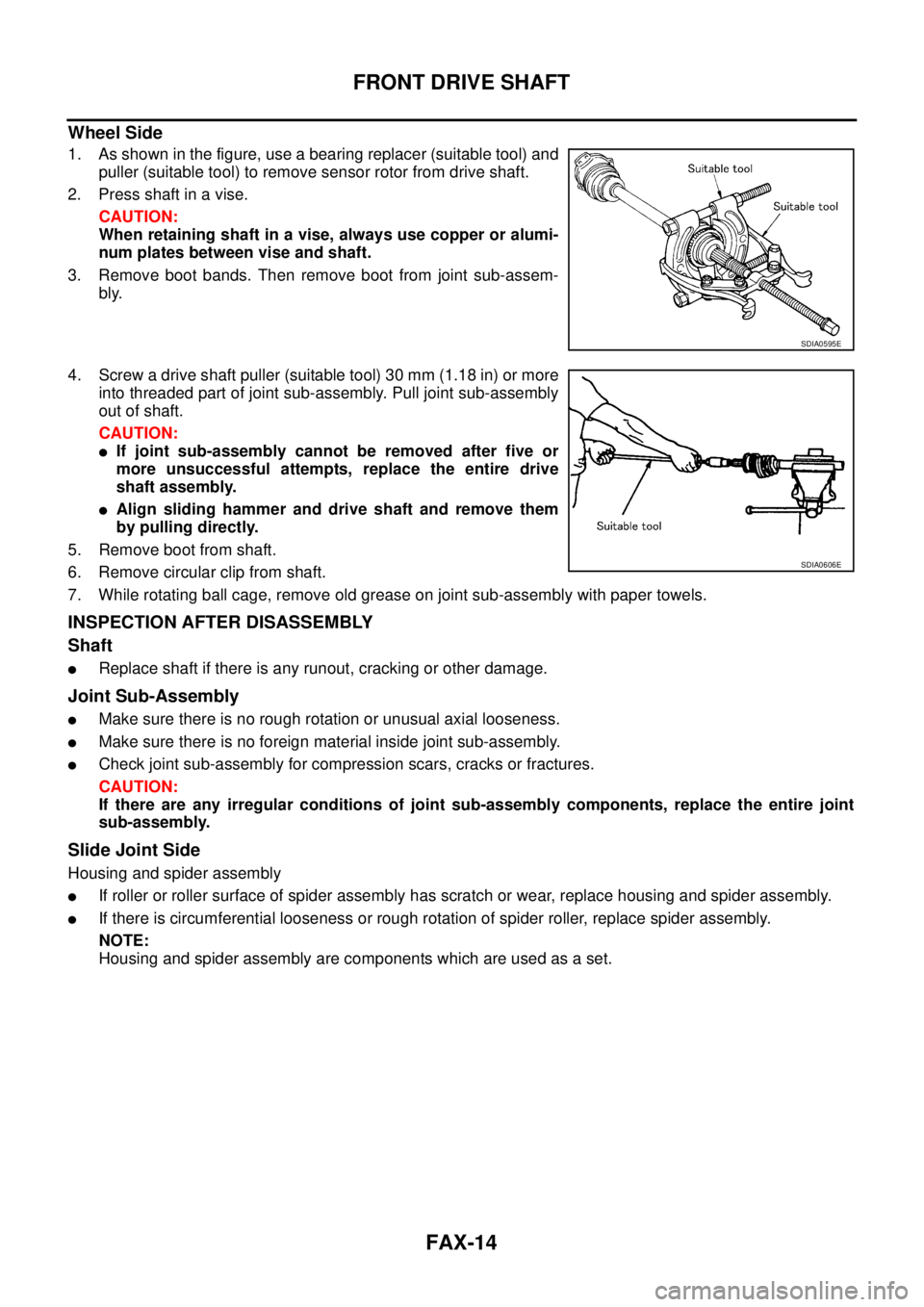NISSAN X-TRAIL 2003  Service Repair Manual FAX-14
FRONT DRIVE SHAFT
 
Wheel Side
1. As shown in the figure, use a bearing replacer (suitable tool) and
puller (suitable tool) to remove sensor rotor from drive shaft.
2. Press shaft in a vise.
CA