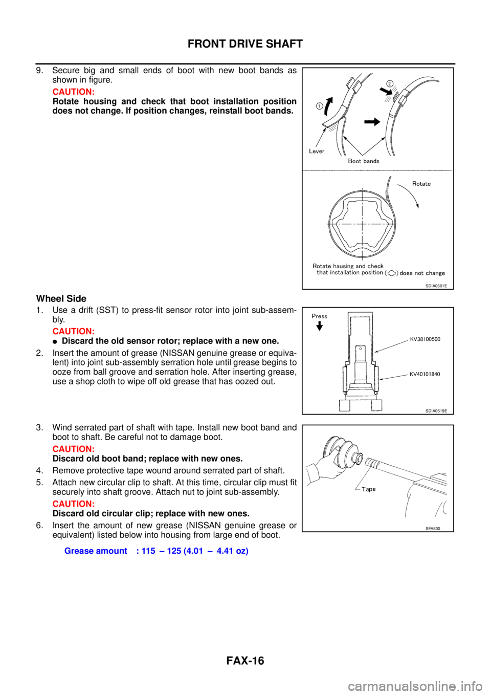NISSAN X-TRAIL 2003  Service Repair Manual FAX-16
FRONT DRIVE SHAFT
 
9. Secure big and small ends of boot with new boot bands as
shown in figure.
CAUTION:
Rotate housing and check that boot installation position
does not change. If position c