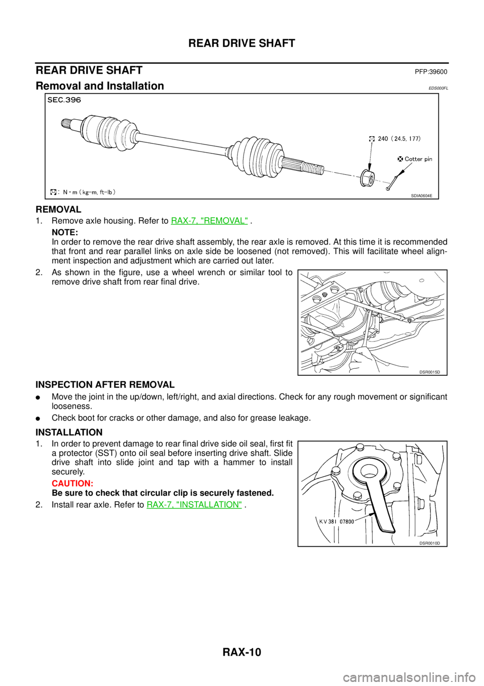 NISSAN X-TRAIL 2003  Service Repair Manual RAX-10
REAR DRIVE SHAFT
 
REAR DRIVE SHAFTPFP:39600
Removal and InstallationEDS000FL
REMOVAL
1. Remove axle housing. Refer to RAX-7, "REMOVAL" .
NOTE:
In order to remove the rear drive shaft assembly,