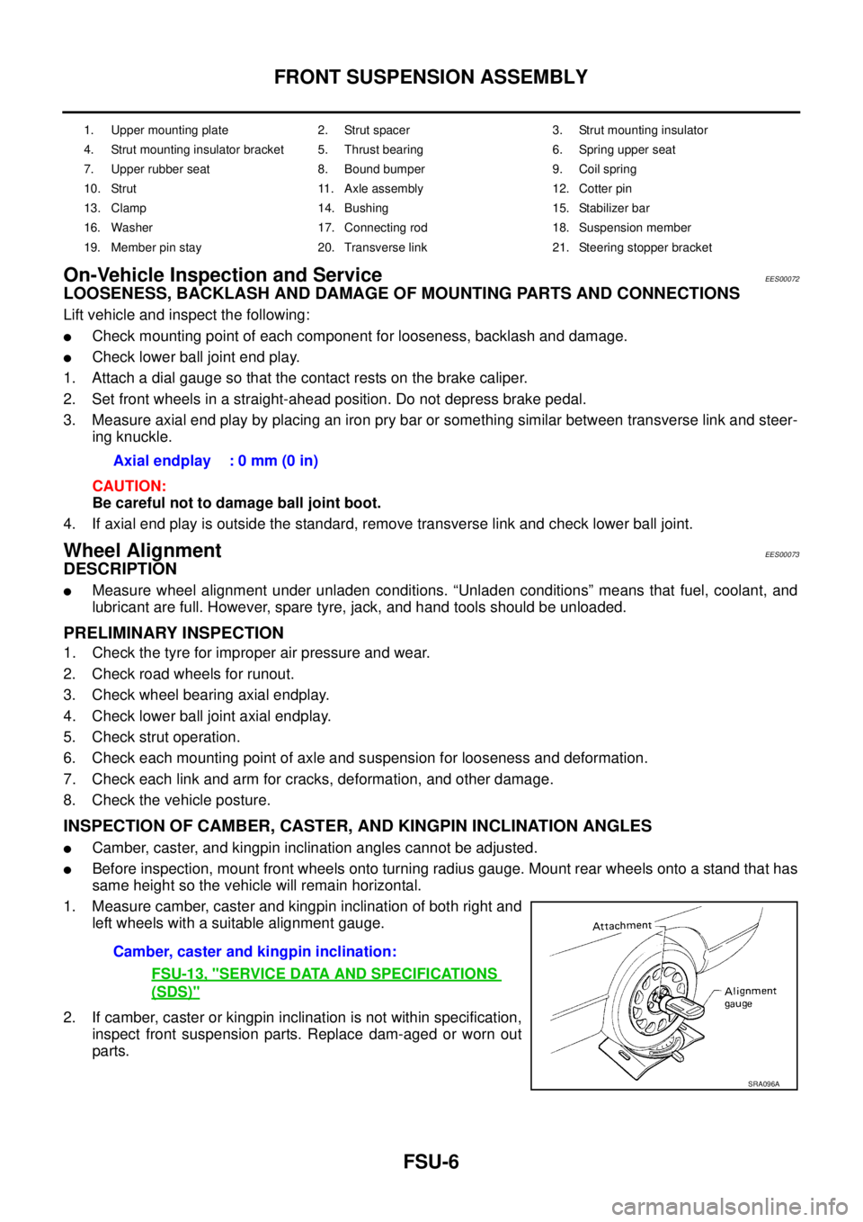 NISSAN X-TRAIL 2003  Service Repair Manual FSU-6
FRONT SUSPENSION ASSEMBLY
 
On-Vehicle Inspection and ServiceEES00072
LOOSENESS, BACKLASH AND DAMAGE OF MOUNTING PARTS AND CONNECTIONS
Lift vehicle and inspect the following:
Check mounting poi