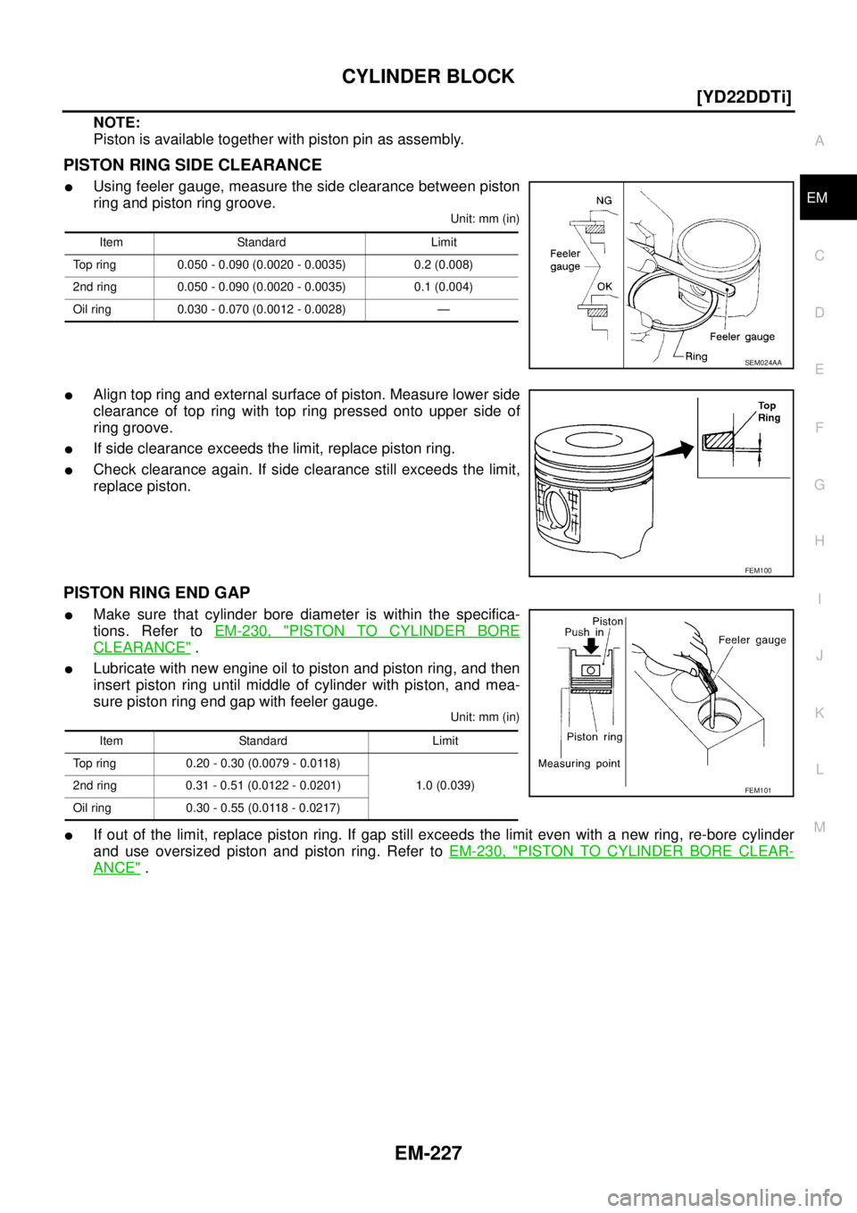 NISSAN X-TRAIL 2003  Service Repair Manual CYLINDER BLOCK
EM-227
[YD22DDTi]
C
D
E
F
G
H
I
J
K
L
MA
EM
 
NOTE:
Piston is available together with piston pin as assembly.
PISTON RING SIDE CLEARANCE
Using feeler gauge, measure the side clearance 