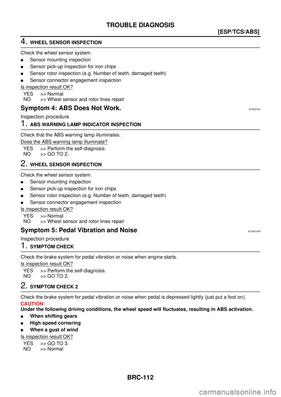 NISSAN X-TRAIL 2003  Service Service Manual BRC-112
[ESP/TCS/ABS]
TROUBLE DIAGNOSIS
 
4. WHEEL SENSOR INSPECTION
Check the wheel sensor system.
Sensor mounting inspection
Sensor pick-up inspection for iron chips
Sensor rotor inspection (e.g.