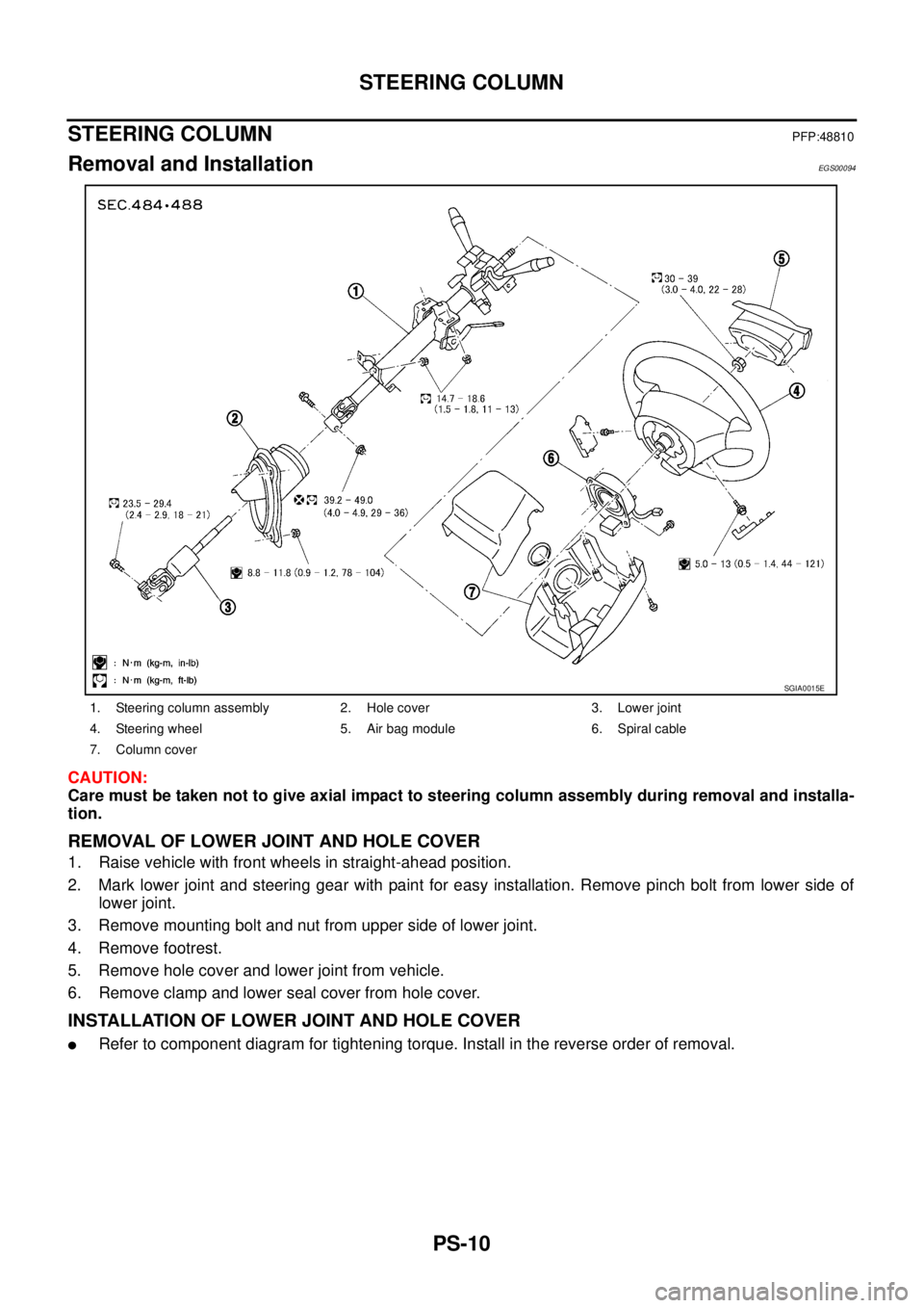 NISSAN X-TRAIL 2003  Service Repair Manual PS-10
STEERING COLUMN
 
STEERING COLUMNPFP:48810
Removal and InstallationEGS00094
CAUTION:
Care must be taken not to give axial impact to steering column assembly during removal and installa-
tion.
RE