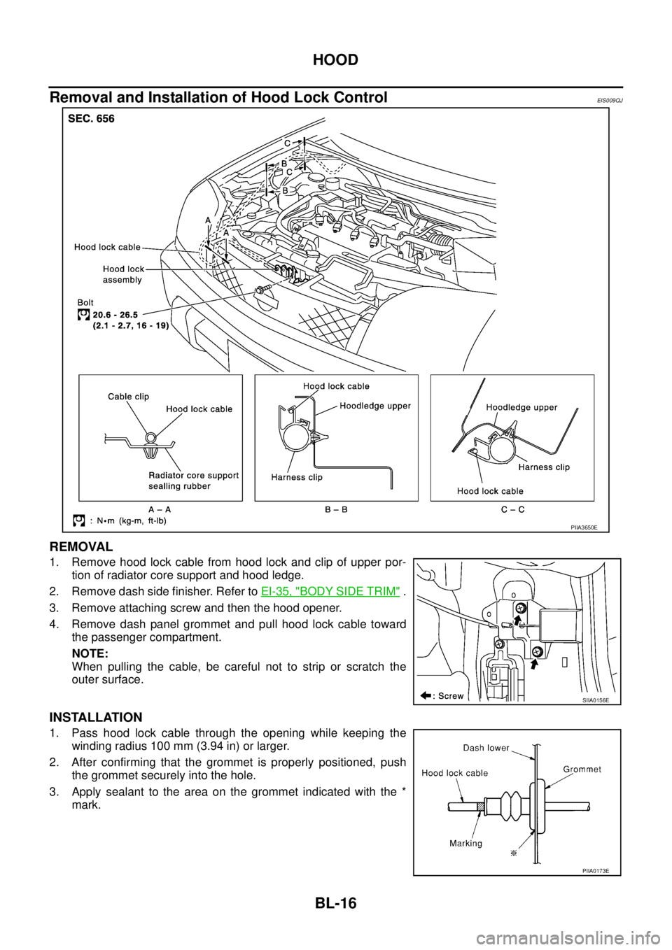 NISSAN X-TRAIL 2003  Service Repair Manual BL-16
HOOD
 
Removal and Installation of Hood Lock ControlEIS009QJ
REMOVAL
1. Remove hood lock cable from hood lock and clip of upper por-
tion of radiator core support and hood ledge.
2. Remove dash 