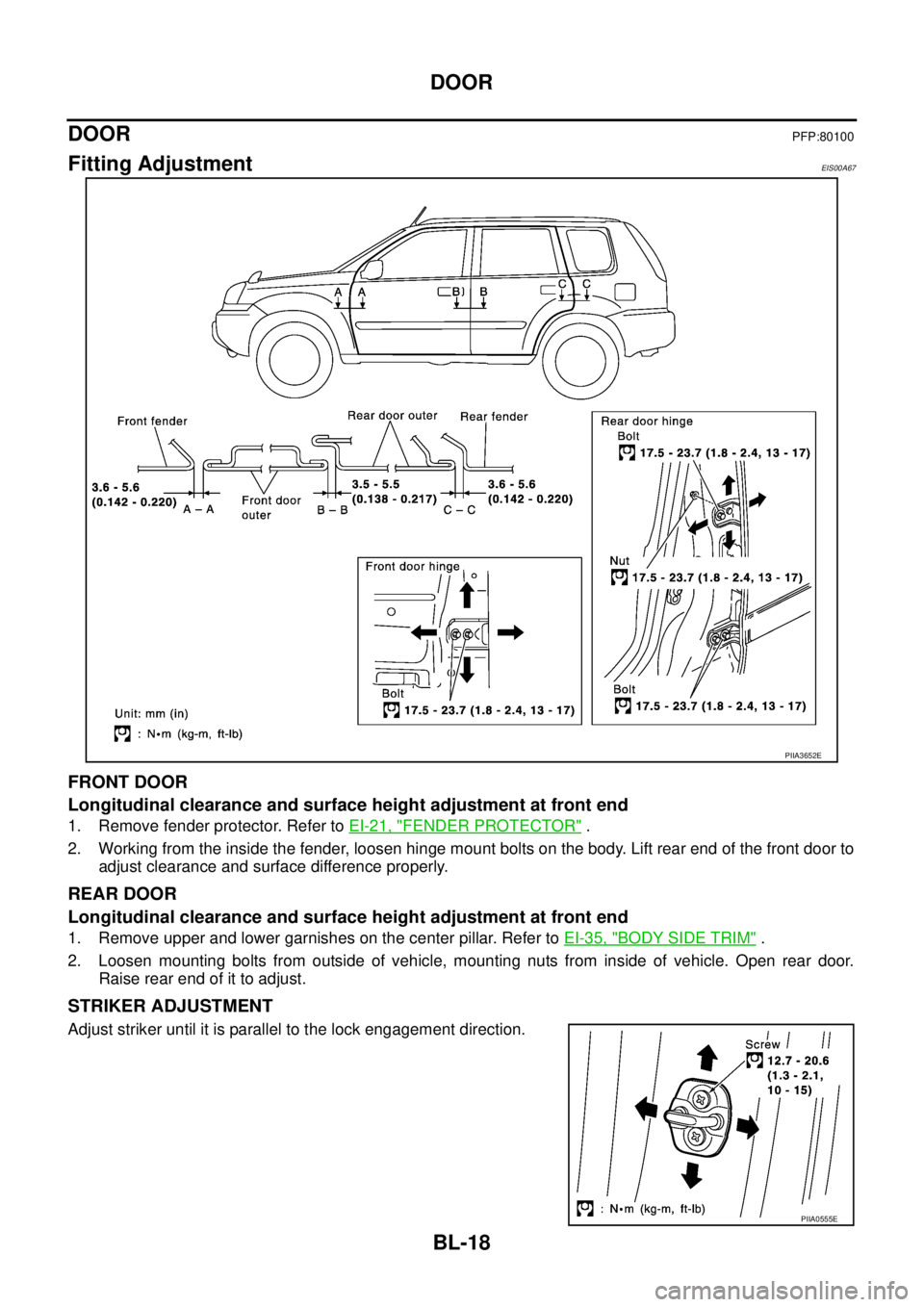 NISSAN X-TRAIL 2003  Service Repair Manual BL-18
DOOR
 
DOORPFP:80100
Fitting AdjustmentEIS00A67
FRONT DOOR
Longitudinal clearance and surface height adjustment at front end
1. Remove fender protector. Refer to EI-21, "FENDER PROTECTOR" .
2. W