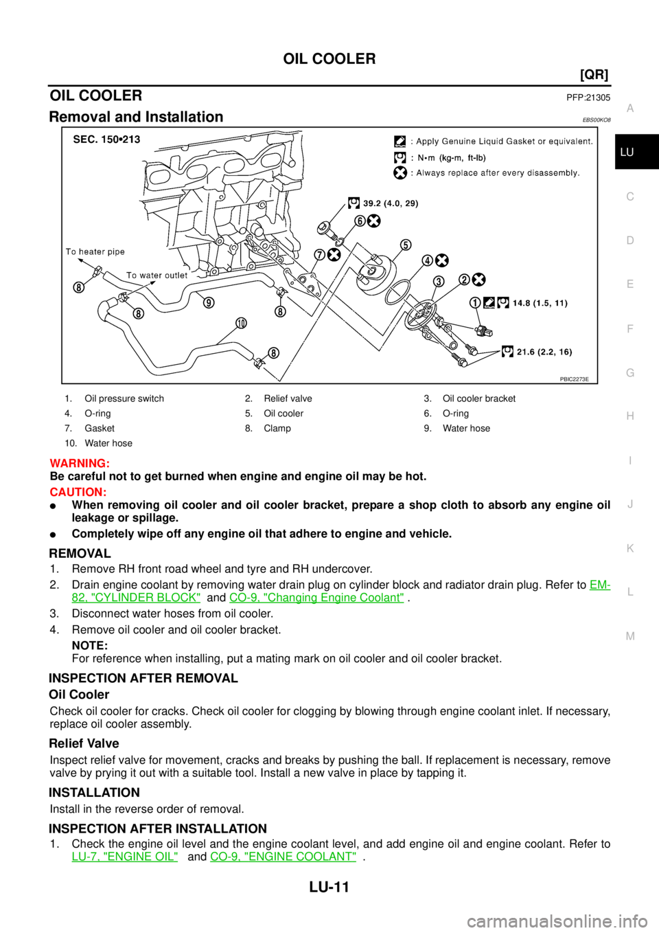 NISSAN X-TRAIL 2003  Service Repair Manual OIL COOLER
LU-11
[QR]
C
D
E
F
G
H
I
J
K
L
MA
LU
 
OIL COOLERPFP:21305
Removal and InstallationEBS00KO8
WARNING:
Be careful not to get burned when engine and engine oil may be hot.
CAUTION:
When remov