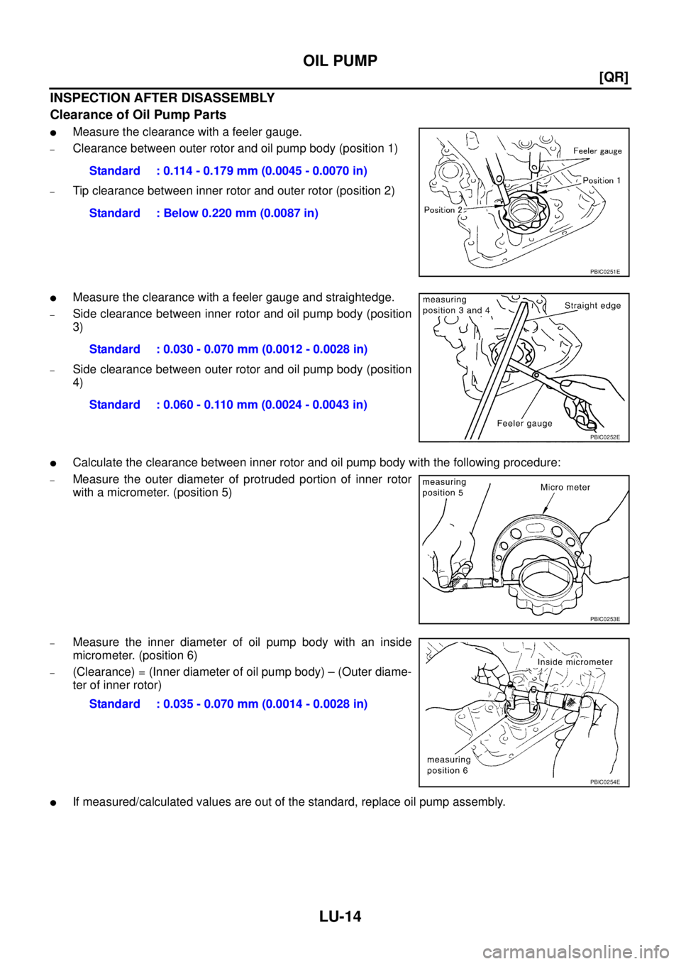 NISSAN X-TRAIL 2003  Service Repair Manual LU-14
[QR]
OIL PUMP
 
INSPECTION AFTER DISASSEMBLY
Clearance of Oil Pump Parts
Measure the clearance with a feeler gauge.
–Clearance between outer rotor and oil pump body (position 1)
–Tip cleara