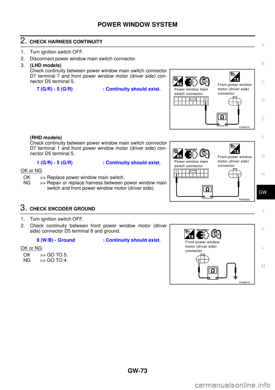 NISSAN X-TRAIL 2003  Service Repair Manual POWER WINDOW SYSTEM
GW-73
C
D
E
F
G
H
J
K
L
MA
B
GW
 
2. CHECK HARNESS CONTINUITY
1. Turn ignition switch OFF.
2. Disconnect power window main switch connector.
3.(LHD models)
Check continuity between