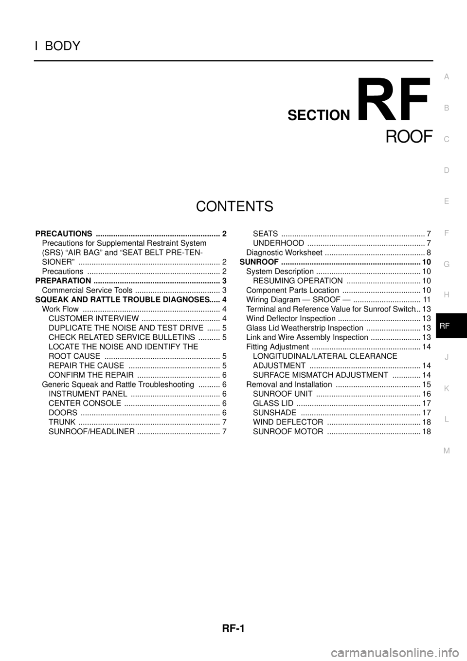 NISSAN X-TRAIL 2003  Service Repair Manual RF-1
ROOF
I  BODY
CONTENTS
C
D
E
F
G
H
J
K
L
M
SECTION 
A
B
RF
 
ROOF
PRECAUTIONS .......................................................... 2
Precautions for Supplemental Restraint System 
(SRS) “A