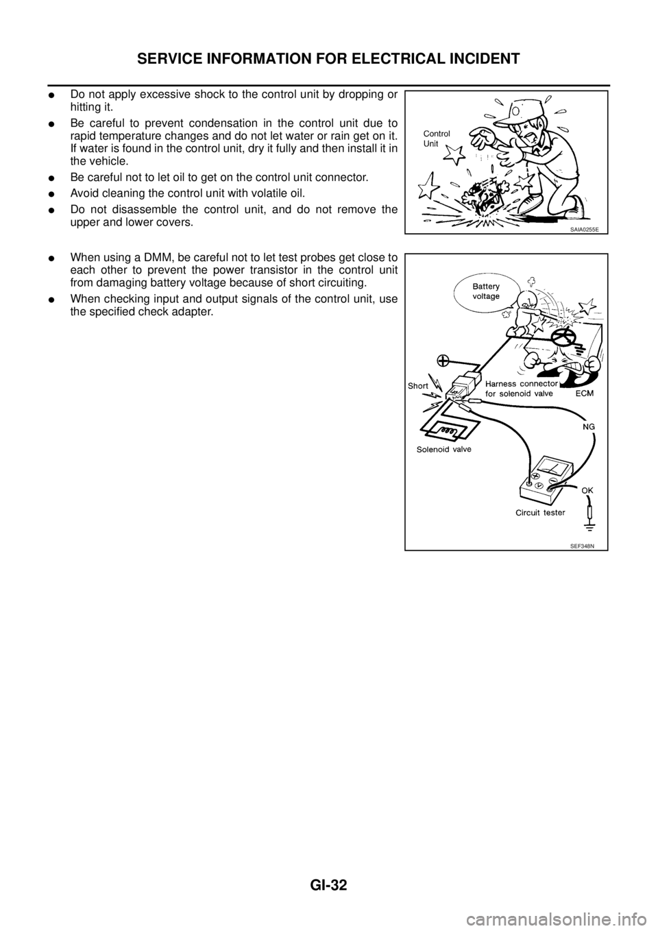 NISSAN X-TRAIL 2003  Service Repair Manual GI-32
SERVICE INFORMATION FOR ELECTRICAL INCIDENT
 
Do not apply excessive shock to the control unit by dropping or
hitting it.
Be careful to prevent condensation in the control unit due to
rapid te