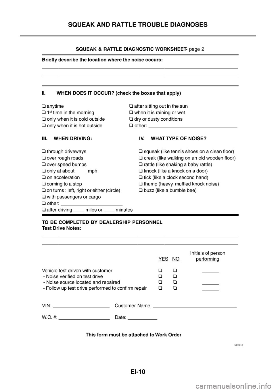 NISSAN X-TRAIL 2003  Service Repair Manual EI-10
SQUEAK AND RATTLE TROUBLE DIAGNOSES
 
SBT844 