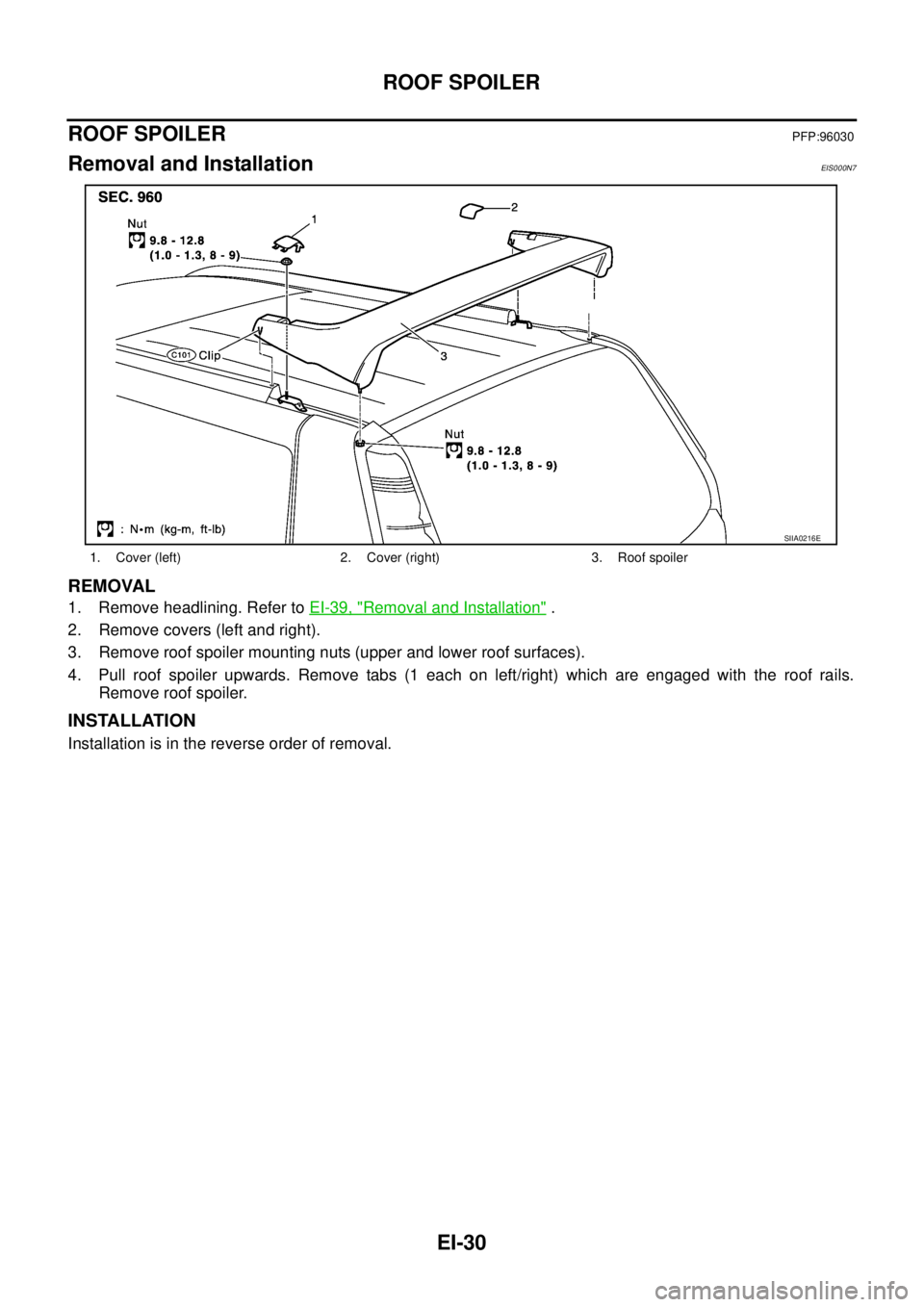 NISSAN X-TRAIL 2003  Service Repair Manual EI-30
ROOF SPOILER
 
ROOF SPOILERPFP:96030
Removal and InstallationEIS000N7
REMOVAL
1. Remove headlining. Refer to EI-39, "Removal and Installation" .
2. Remove covers (left and right).
3. Remove roof