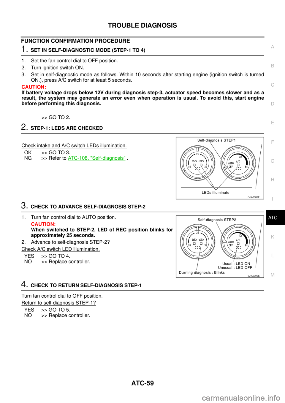 NISSAN X-TRAIL 2003  Service Repair Manual TROUBLE DIAGNOSIS
ATC-59
C
D
E
F
G
H
I
K
L
MA
B
AT C
 
FUNCTION CONFIRMATION PROCEDURE
1. SET IN SELF-DIAGNOSTIC MODE (STEP-1 TO 4)
1. Set the fan control dial to OFF position.
2. Turn ignition switch