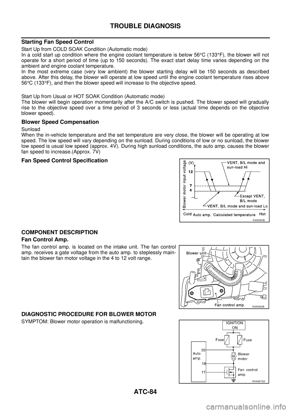 NISSAN X-TRAIL 2003  Service Repair Manual ATC-84
TROUBLE DIAGNOSIS
 
Starting Fan Speed Control
Start Up from COLD SOAK Condition (Automatic mode)
In a cold start up condition where the engine coolant temperature is below 56°C (133°F), the 