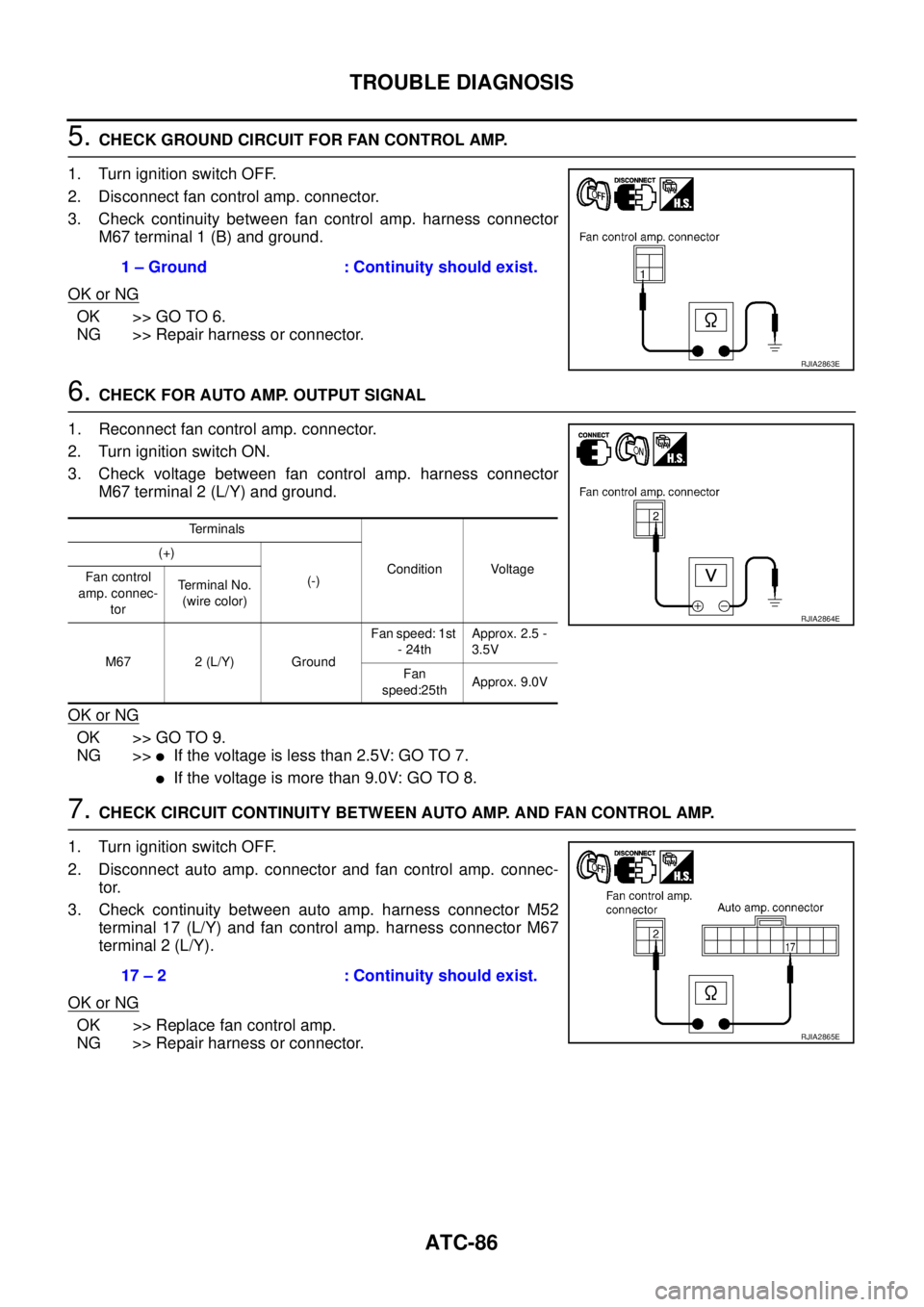 NISSAN X-TRAIL 2003  Service Repair Manual ATC-86
TROUBLE DIAGNOSIS
 
5. CHECK GROUND CIRCUIT FOR FAN CONTROL AMP.
1. Turn ignition switch OFF.
2. Disconnect fan control amp. connector.
3. Check continuity between fan control amp. harness conn