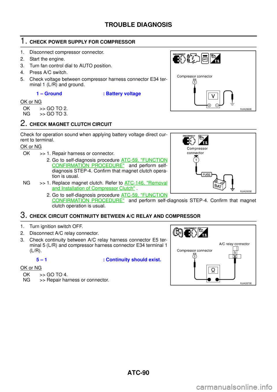 NISSAN X-TRAIL 2003  Service Repair Manual ATC-90
TROUBLE DIAGNOSIS
 
1. CHECK POWER SUPPLY FOR COMPRESSOR
1. Disconnect compressor connector.
2. Start the engine.
3. Turn fan control dial to AUTO position.
4. Press A/C switch.
5. Check voltag