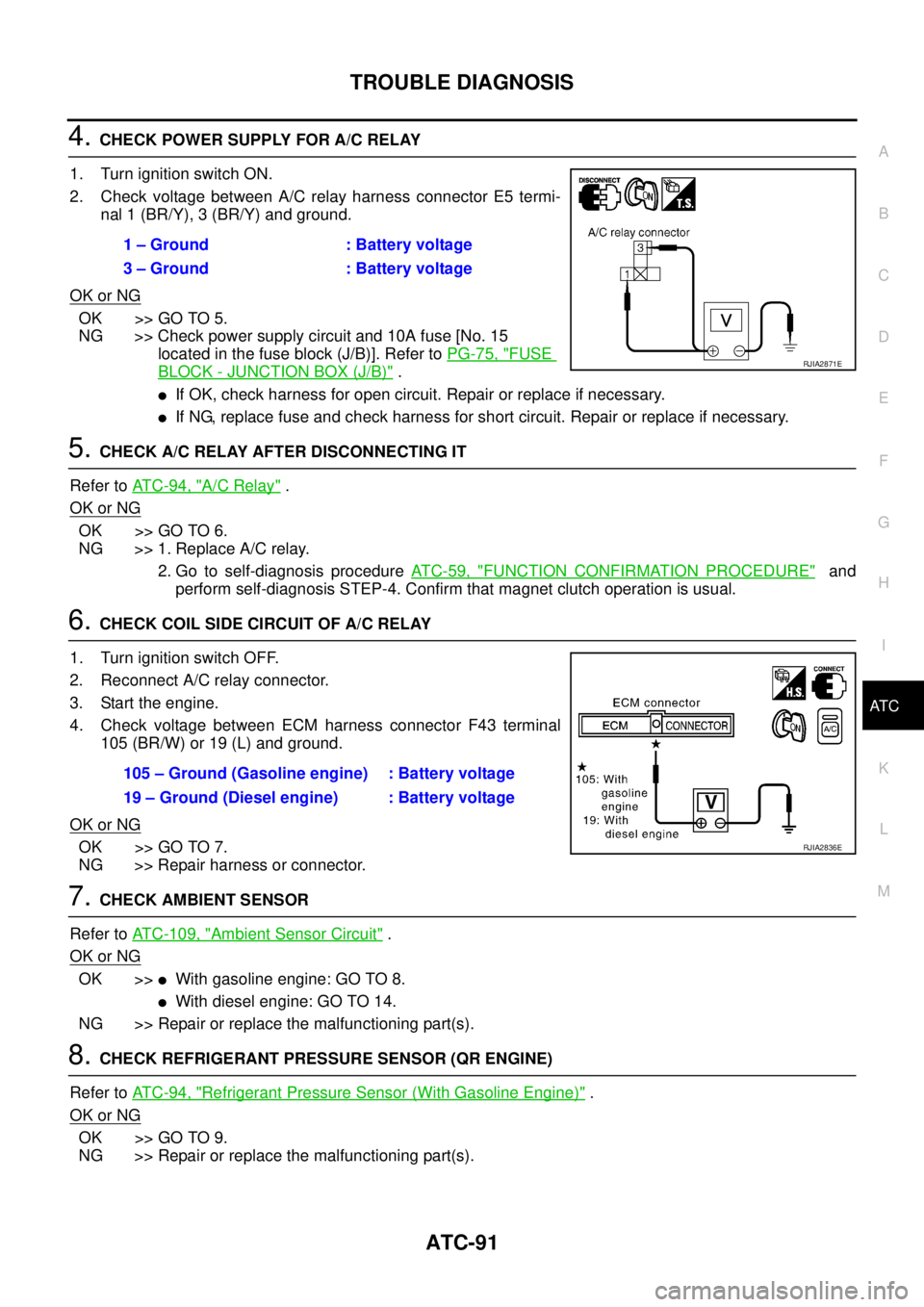 NISSAN X-TRAIL 2003  Service Repair Manual TROUBLE DIAGNOSIS
ATC-91
C
D
E
F
G
H
I
K
L
MA
B
AT C
 
4. CHECK POWER SUPPLY FOR A/C RELAY
1. Turn ignition switch ON.
2. Check voltage between A/C relay harness connector E5 termi-
nal 1 (BR/Y), 3 (B