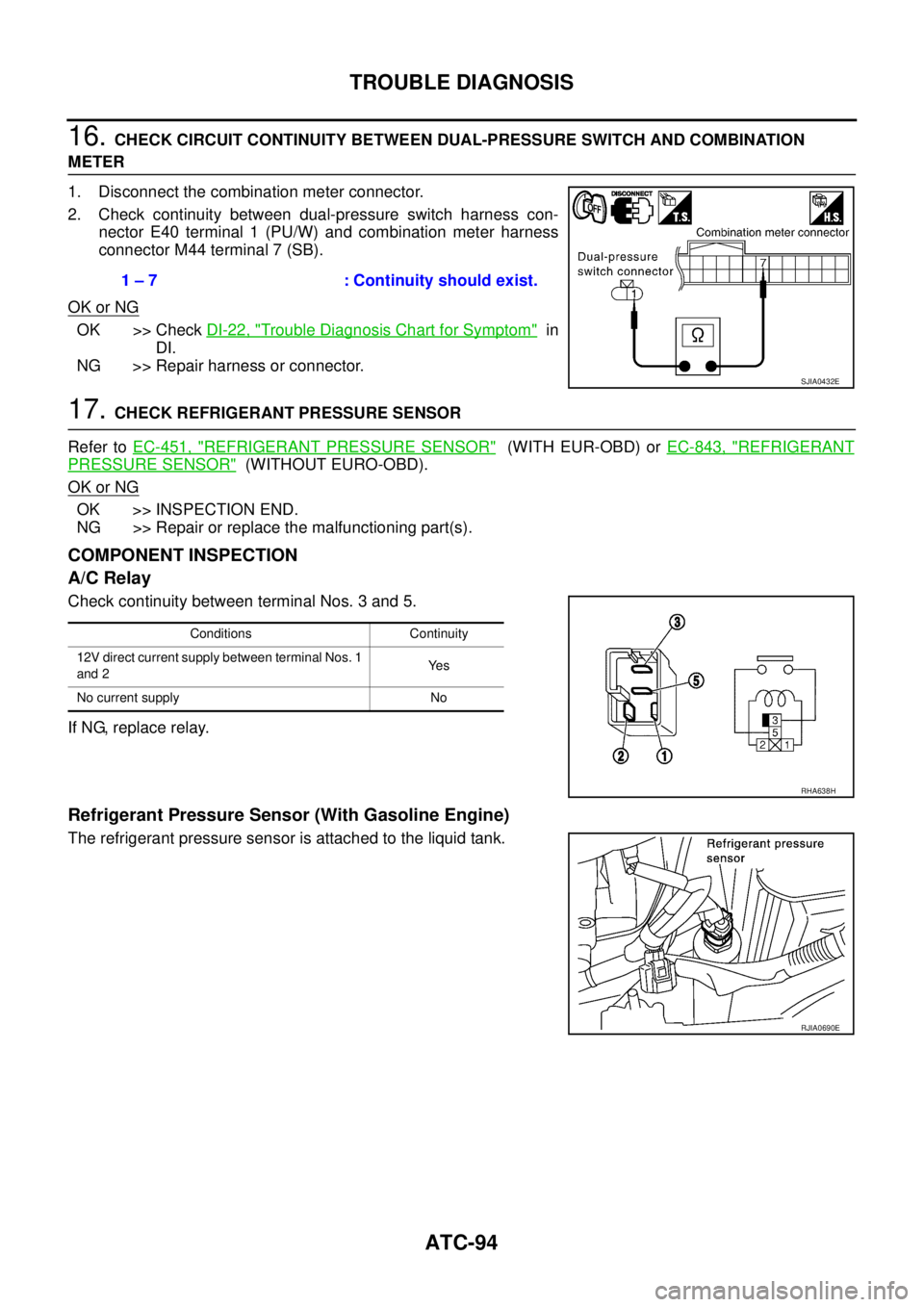 NISSAN X-TRAIL 2003  Service Repair Manual ATC-94
TROUBLE DIAGNOSIS
 
16. CHECK CIRCUIT CONTINUITY BETWEEN DUAL-PRESSURE SWITCH AND COMBINATION 
METER
1. Disconnect the combination meter connector.
2. Check continuity between dual-pressure swi